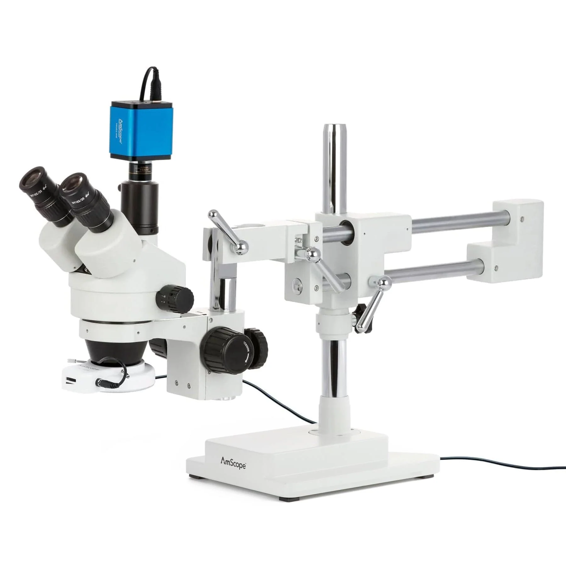 AmScope SM-4 Series Simul-Focal Zoom Trinocular Stereo Microscope with 144 LED Compact Ring Light and HDMI Camera on Double Arm Boom Stand - Image 2