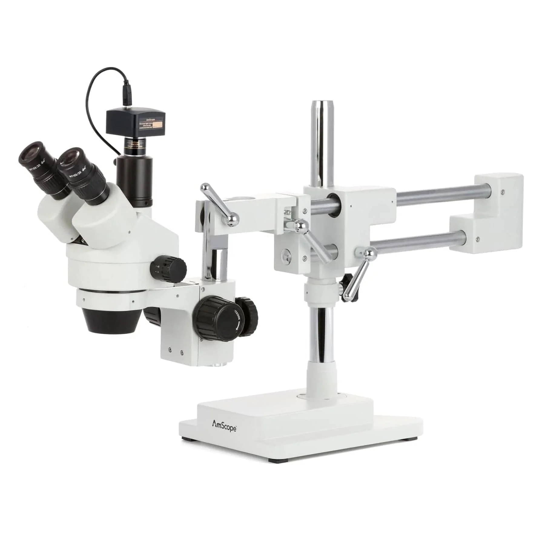 AmScope SM-4 Series Simul-Focal Zoom Trinocular Stereo Microscope with Optional Digital Camera on Double Arm Boom Stand - Image 3