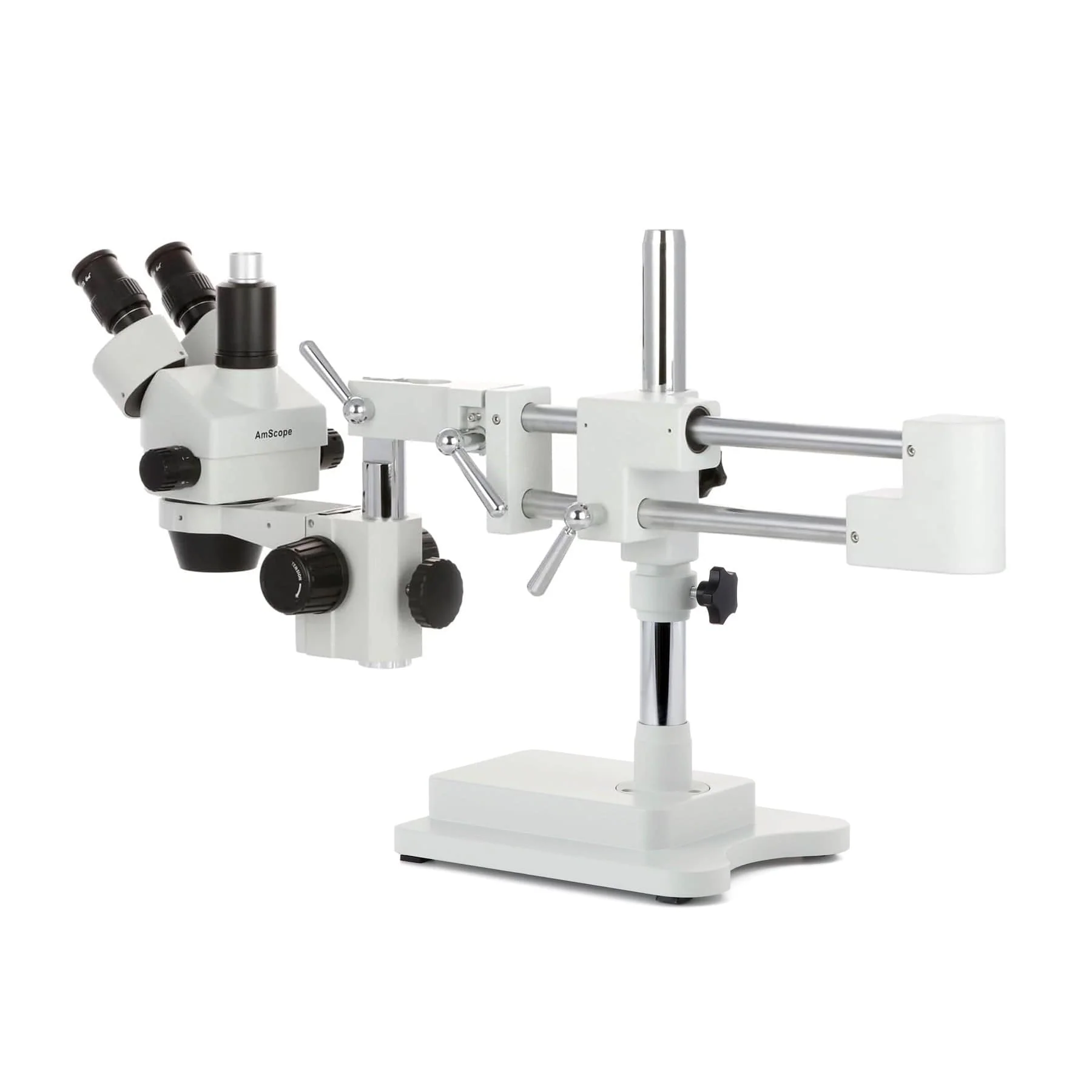 AmScope SM-4 Series Simul-Focal Zoom Trinocular Stereo Microscope with 30W LED Fiber Optic Ring Light and Optional Digital Camera on Double Arm Boom Stand - Image 13