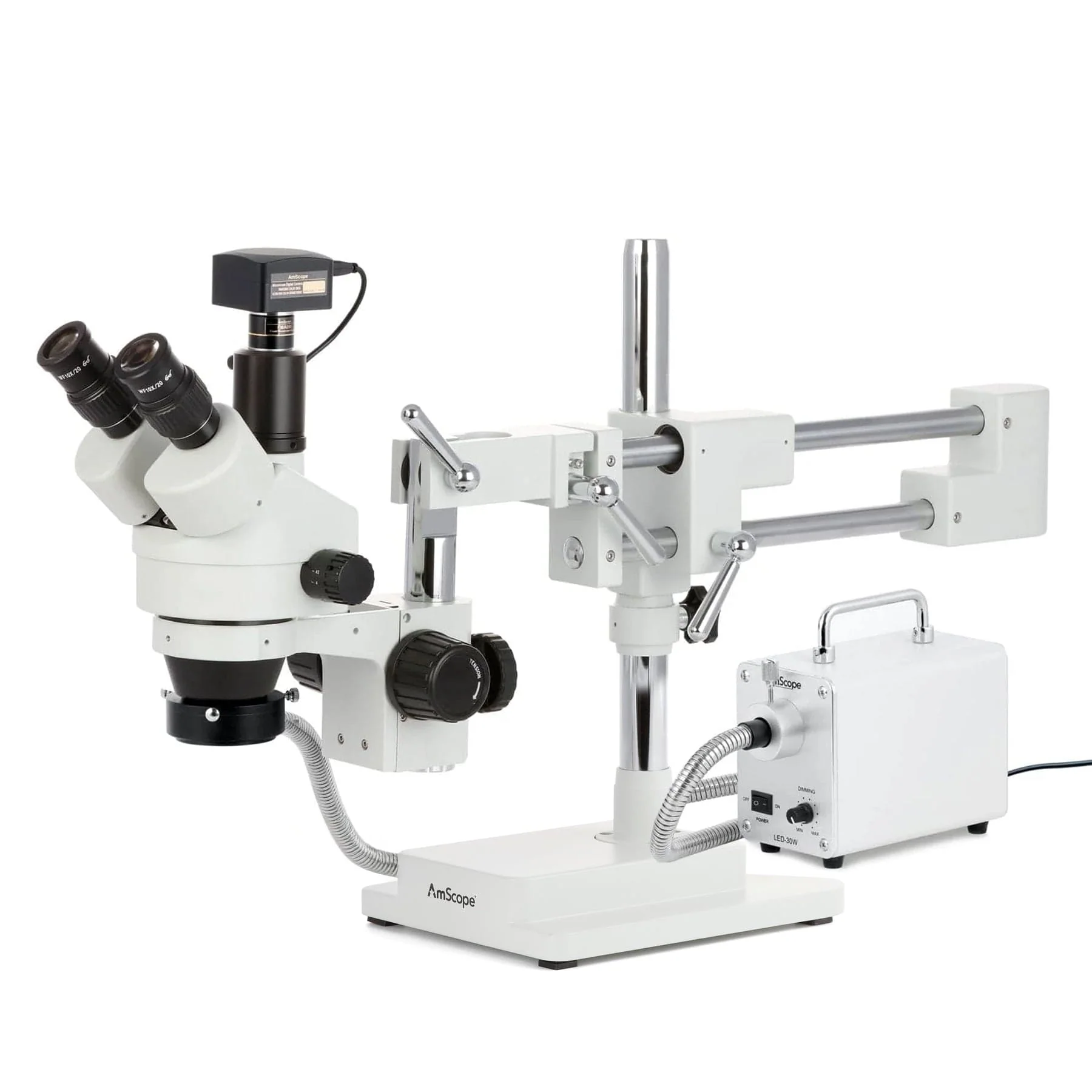 AmScope SM-4 Series Simul-Focal Zoom Trinocular Stereo Microscope with 30W LED Fiber Optic Ring Light and Optional Digital Camera on Double Arm Boom Stand - Image 2