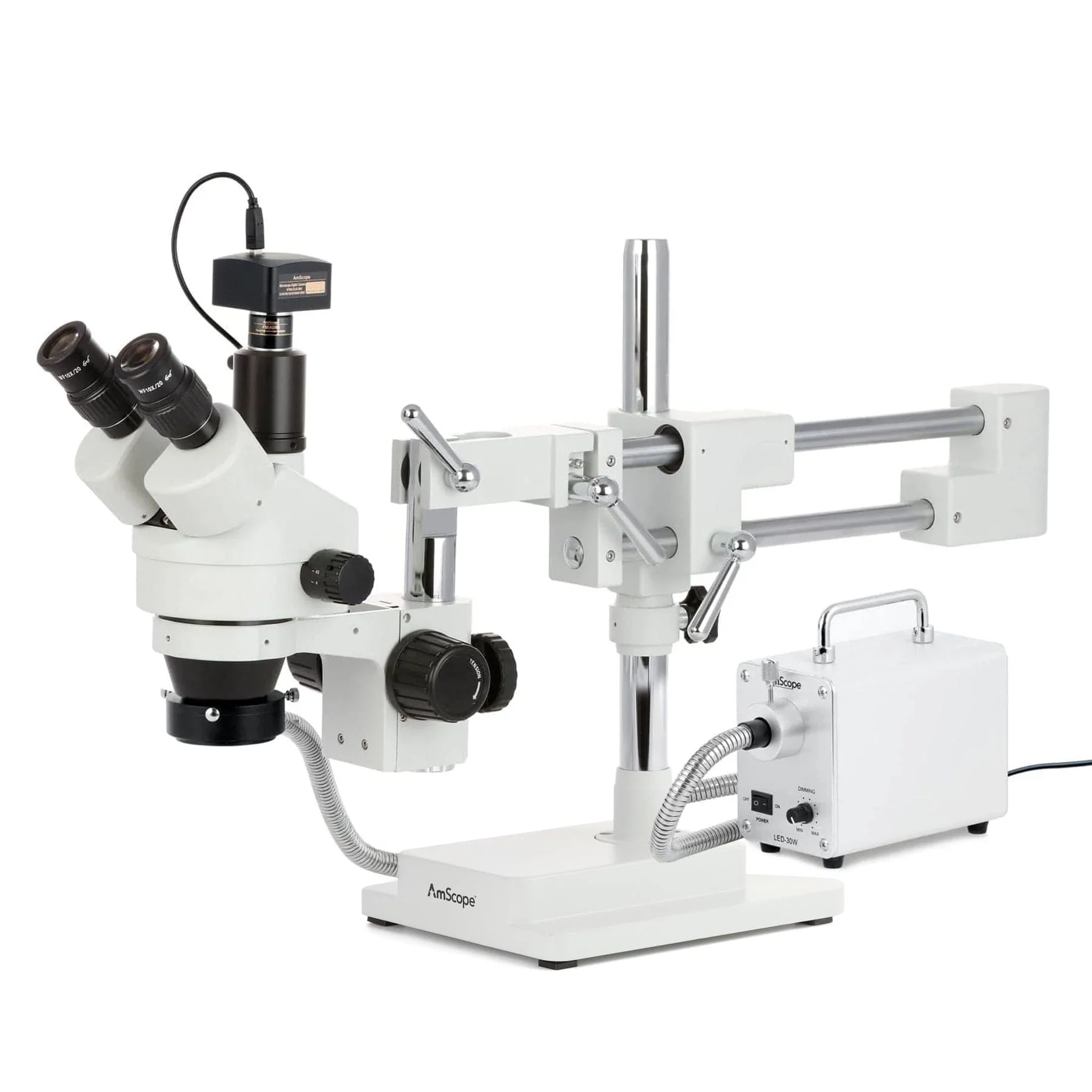 AmScope SM-4 Series Simul-Focal Zoom Trinocular Stereo Microscope with 30W LED Fiber Optic Ring Light and Optional Digital Camera on Double Arm Boom Stand - Image 3