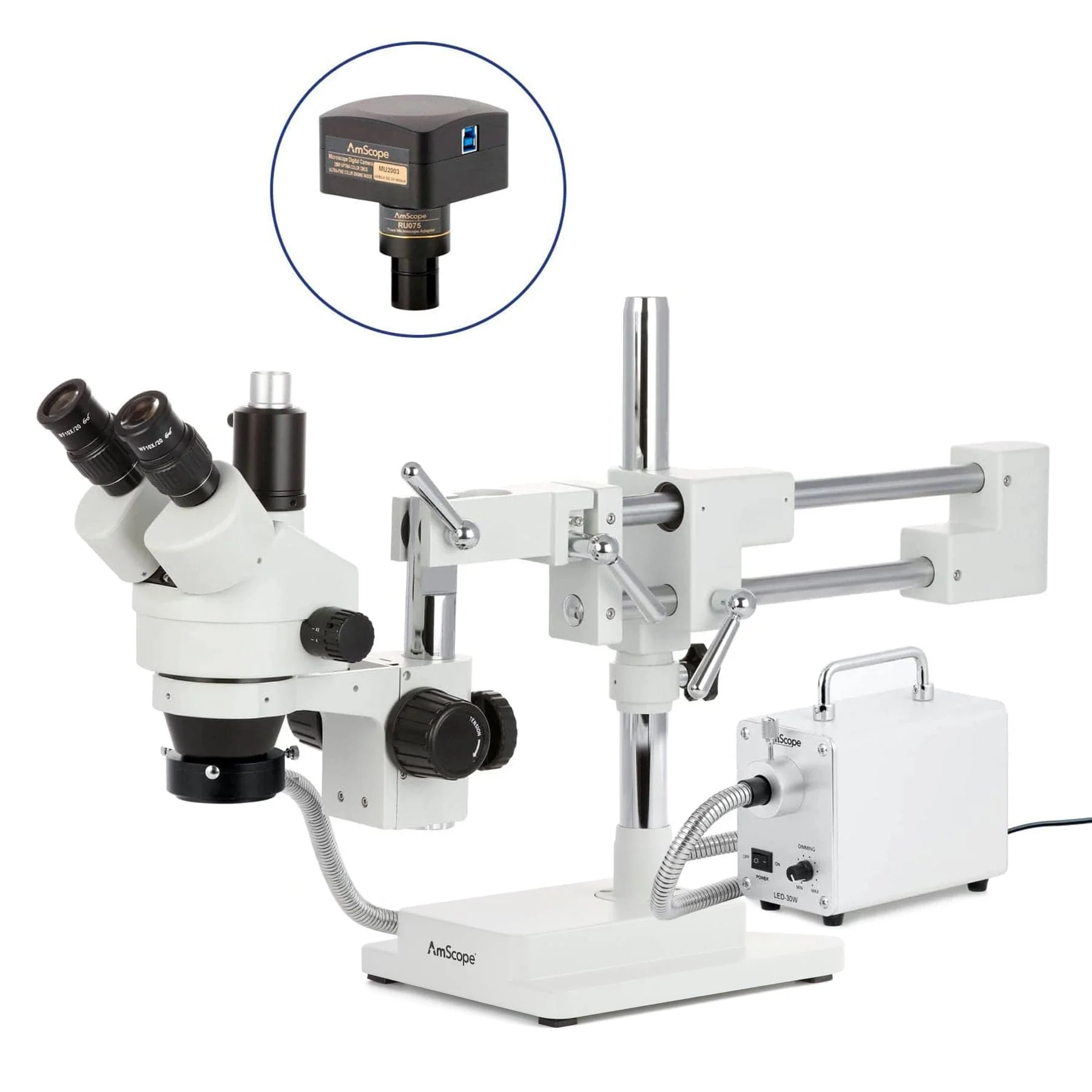 AmScope SM-4 Series Simul-Focal Zoom Trinocular Stereo Microscope with 30W LED Fiber Optic Ring Light and Optional Digital Camera on Double Arm Boom Stand - Image 4
