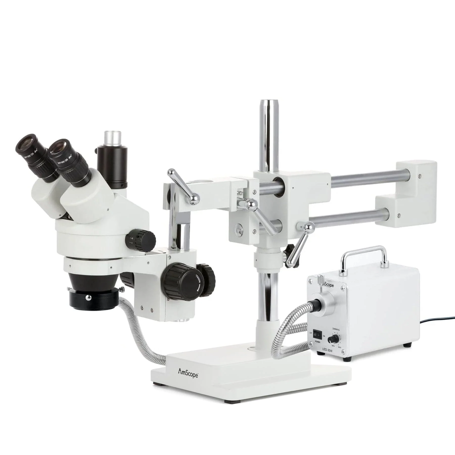AmScope SM-4 Series Simul-Focal Zoom Trinocular Stereo Microscope with 30W LED Fiber Optic Ring Light and HDMI Camera on Double Arm Boom Stand
