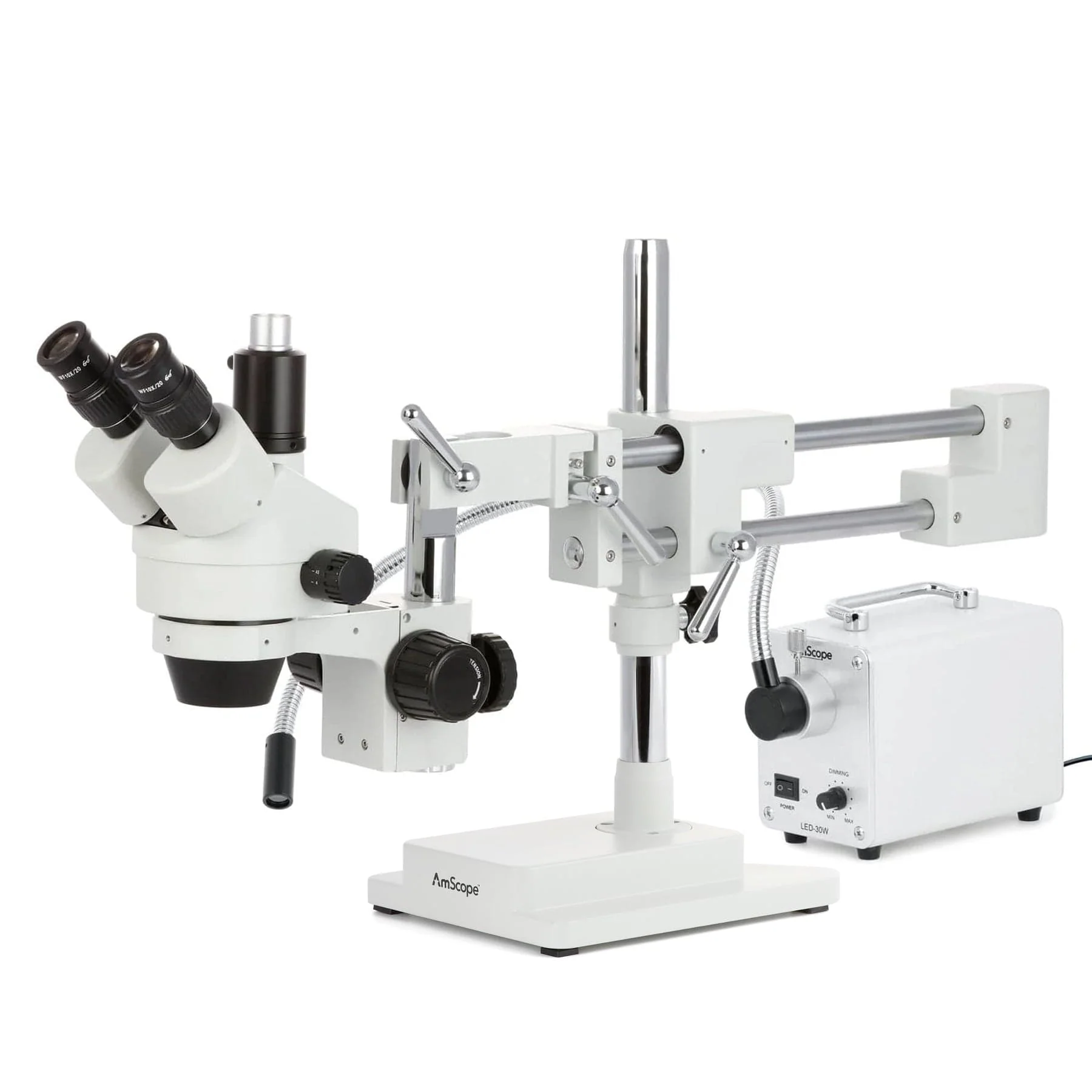 AmScope SM-4 Series Simul-Focal Zoom Trinocular Stereo Microscope with 30W LED Single Fiber Optic Gooseneck Light and Optional Digital Camera on Double Arm Boom Stand