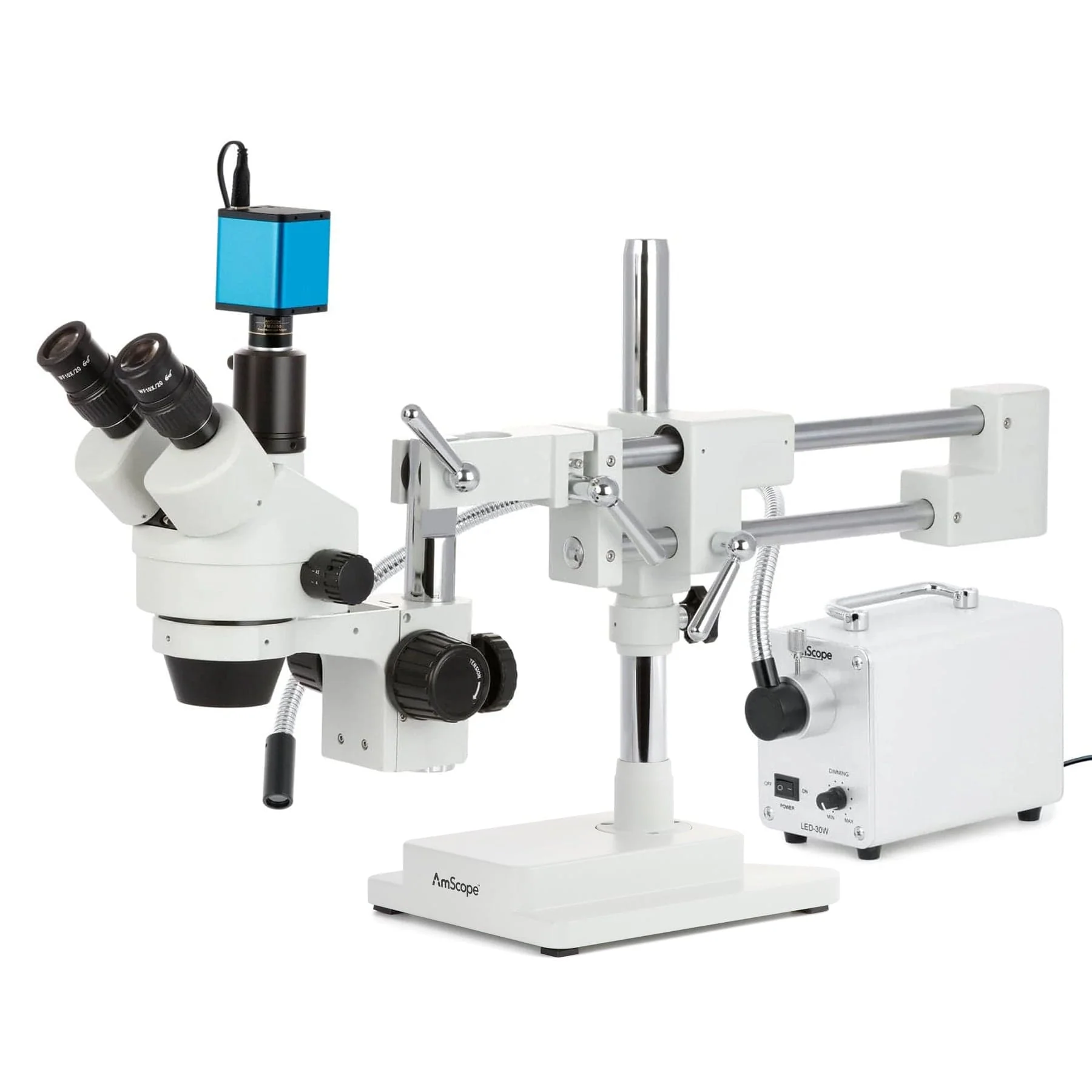 AmScope SM-4 Series Simul-Focal Zoom Trinocular Stereo Microscope with 30W LED Single Fiber Optic Gooseneck Light and Auto Focus Camera on Double Arm Boom Stand - Image 3