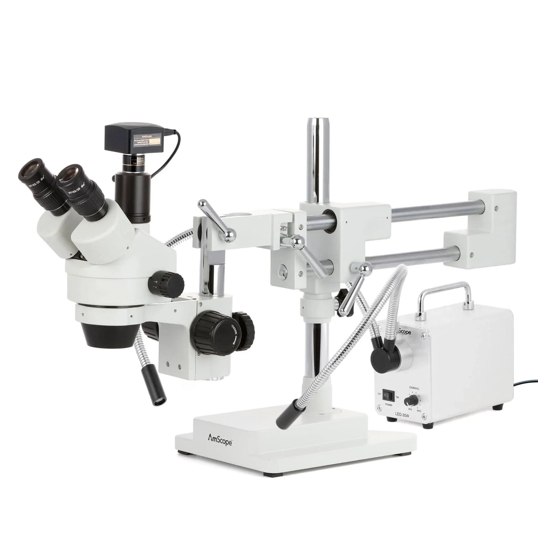 AmScope SM-4 Series Simul-Focal Zoom Trinocular Stereo Microscope with 30W LED Dual Gooseneck Fiber Optic Lights and Optional Digital Camera on Double Arm Boom Stand - Image 2