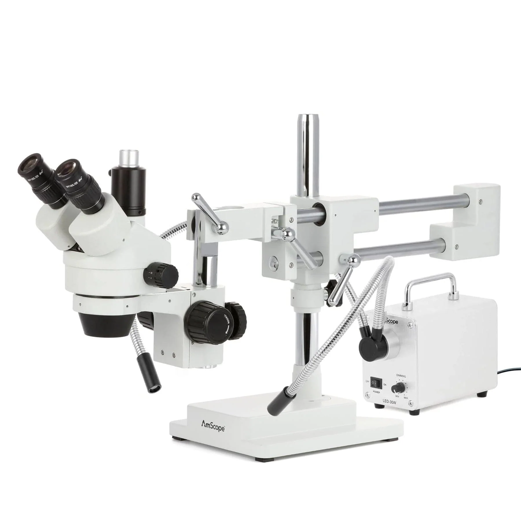 AmScope SM-4 Series Simul-Focal Zoom Trinocular Stereo Microscope with 30W LED Dual Gooseneck Fiber Optic Lights and HDMI Camera on Double Arm Boom Stand