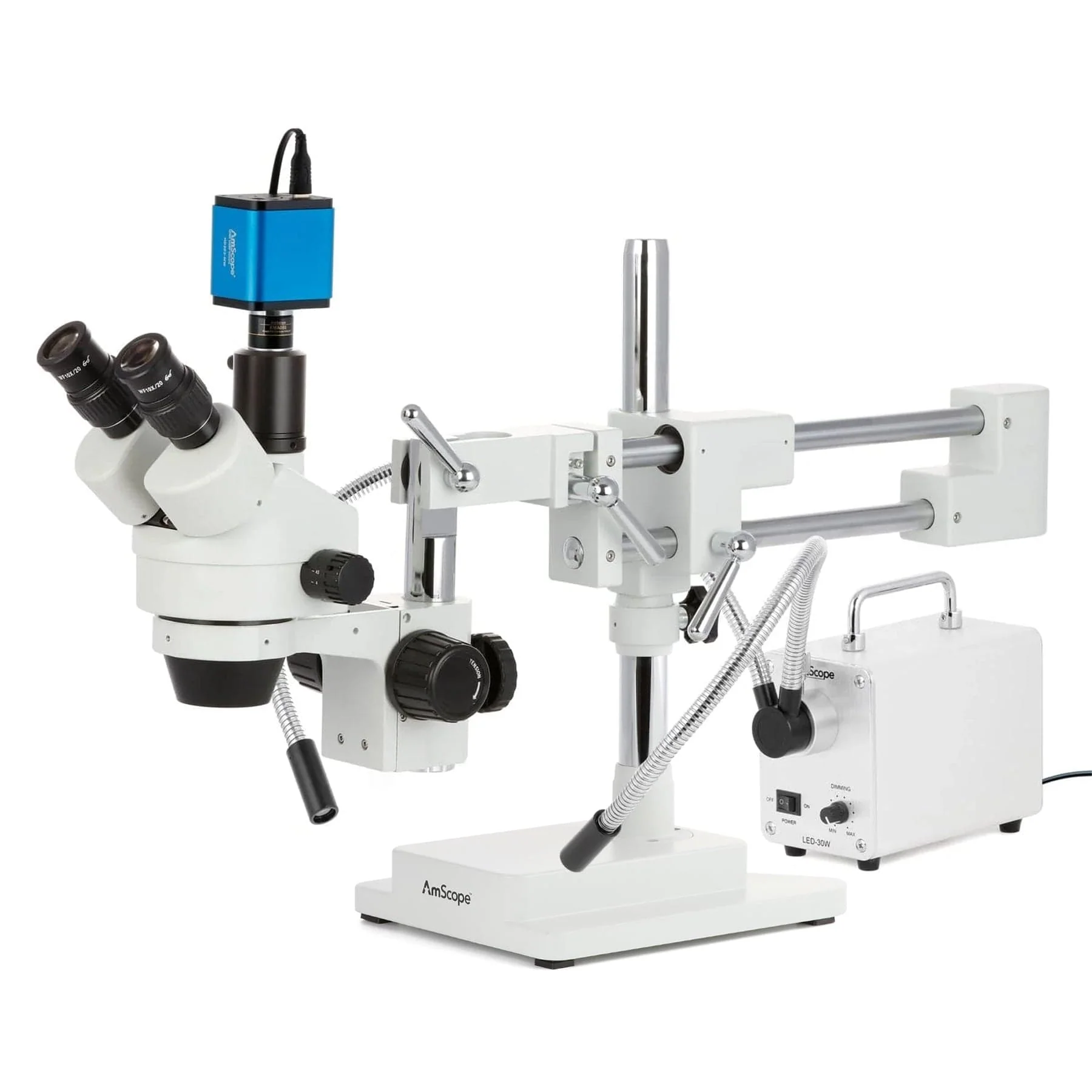 AmScope SM-4 Series Simul-Focal Zoom Trinocular Stereo Microscope with 30W LED Dual Gooseneck Fiber Optic Lights and HDMI Camera on Double Arm Boom Stand - Image 3