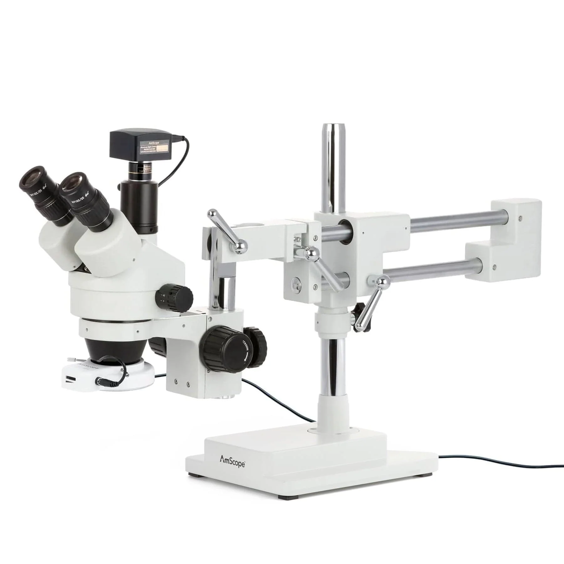 AmScope SM-4 Series Simul-Focal Zoom Trinocular Stereo Microscope with 64 LED Compact Ring Light and Optional Digital Camera on Double Arm Boom Stand - Image 2