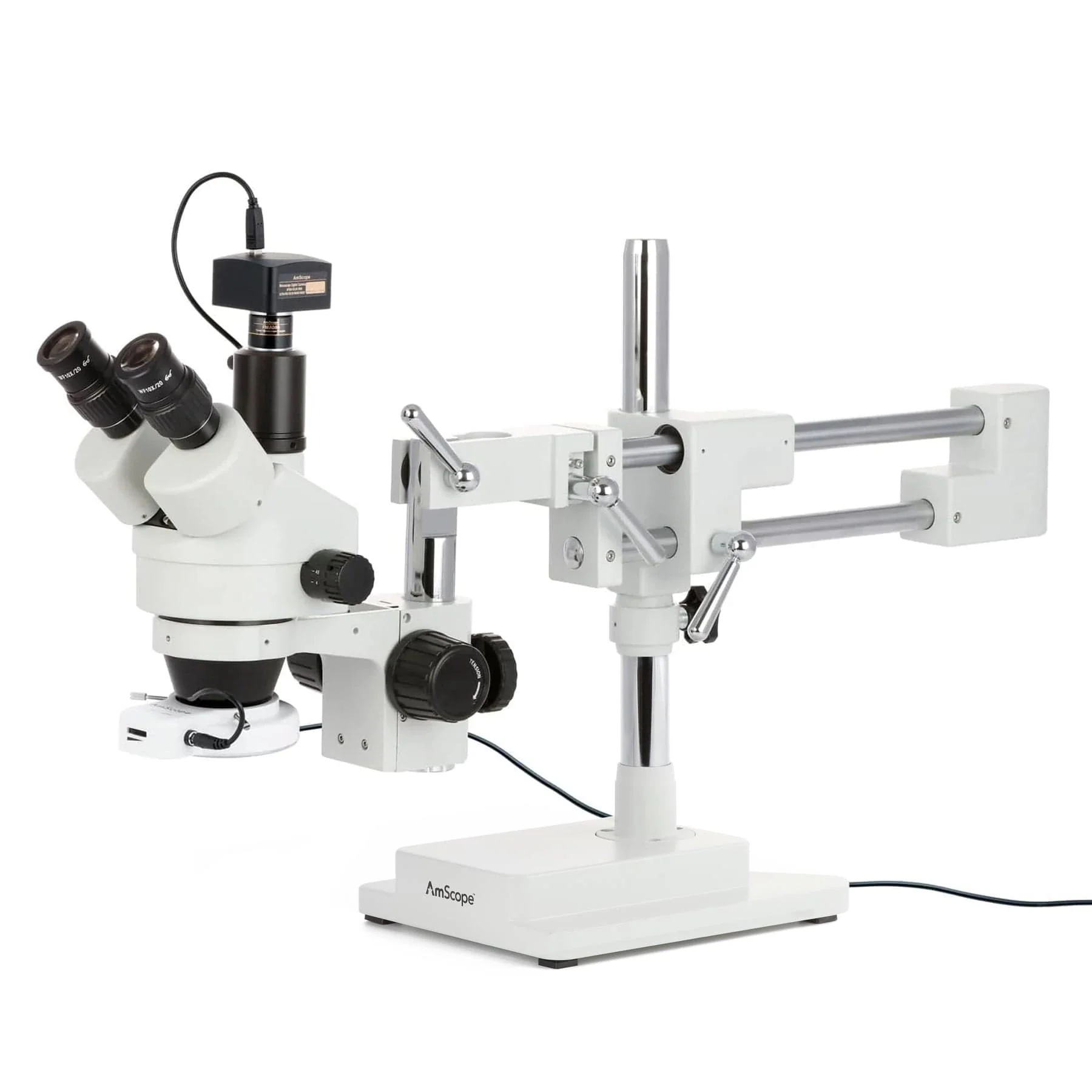 AmScope SM-4 Series Simul-Focal Zoom Trinocular Stereo Microscope with 64 LED Compact Ring Light and Optional Digital Camera on Double Arm Boom Stand - Image 3