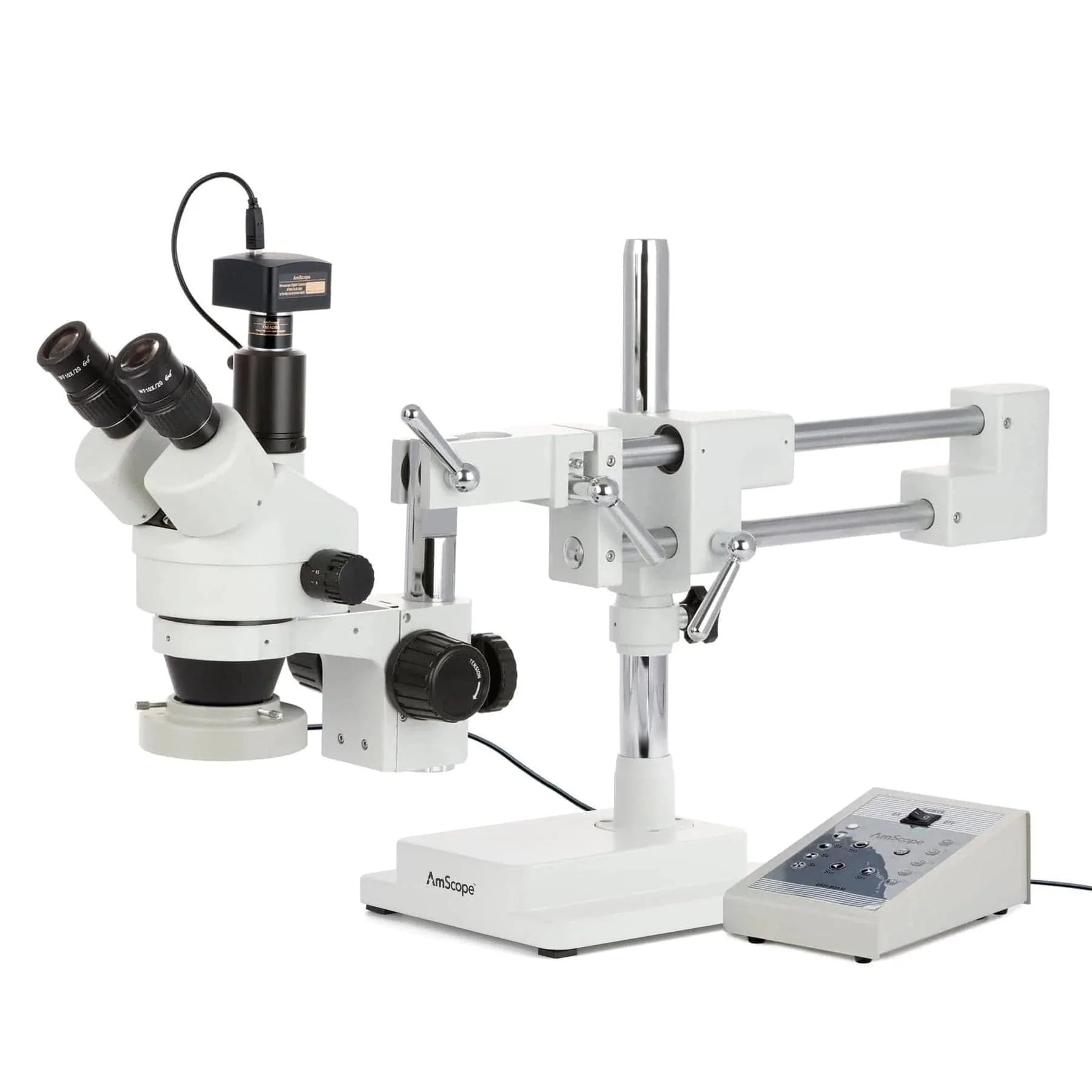 AmScope SM-4 Series Simul-Focal Zoom Trinocular Stereo Microscope with 80 LED Direction Variable Ring Light and Optional Digital Camera on Double Arm Boom Stand - Image 2