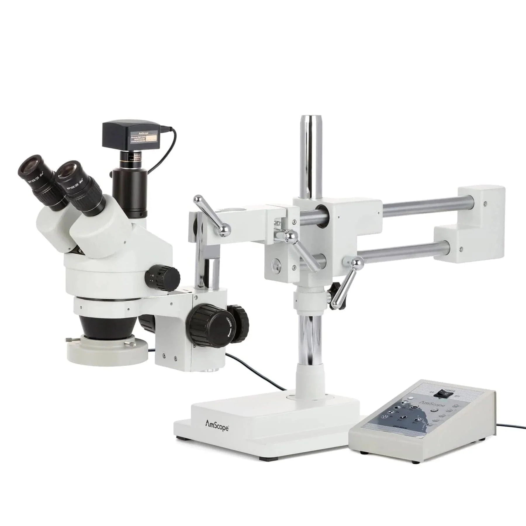 AmScope SM-4 Series Simul-Focal Zoom Trinocular Stereo Microscope with 80 LED Direction Variable Ring Light and Optional Digital Camera on Double Arm Boom Stand - Image 3