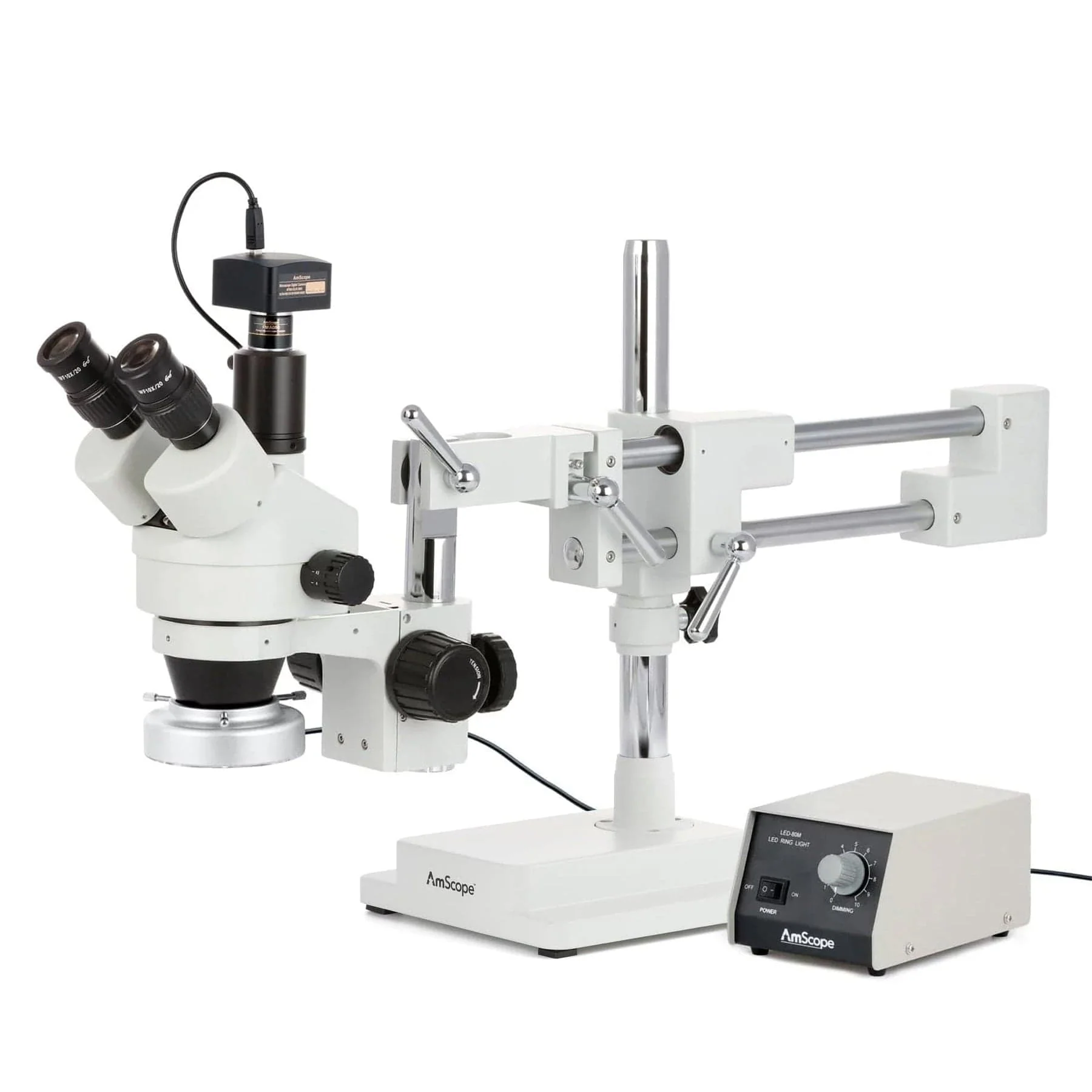 AmScope SM-4 Series Simul-Focal Zoom Trinocular Stereo Microscope with Heavy Duty 80 LED Ring Light and Optional Digital Camera on Double Arm Boom Stand - Image 2