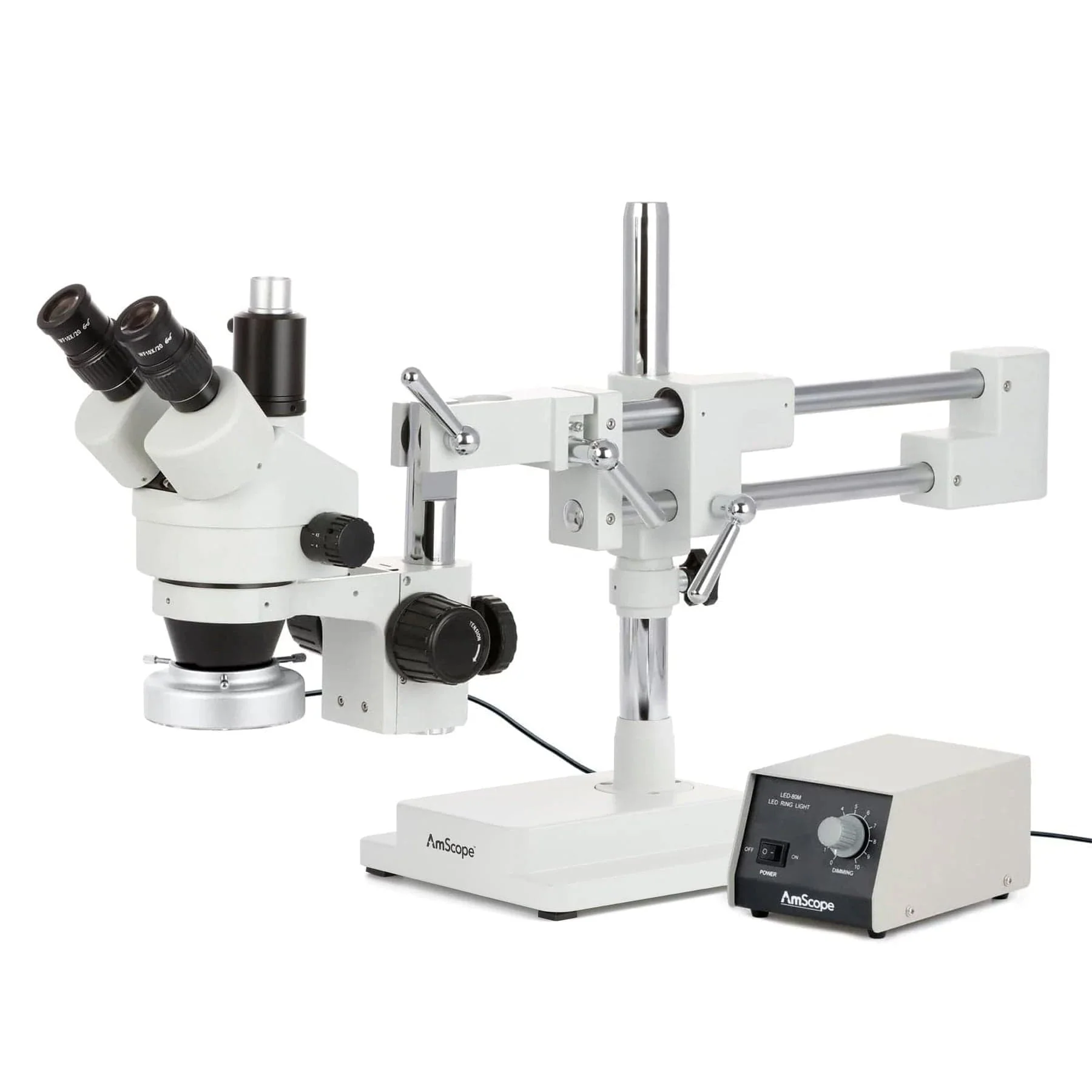 AmScope SM-4 Series Simul-Focal Zoom Trinocular Stereo Microscope with Heavy Duty 80 LED Ring Light and Auto Focus Camera on Double Arm Boom Stand