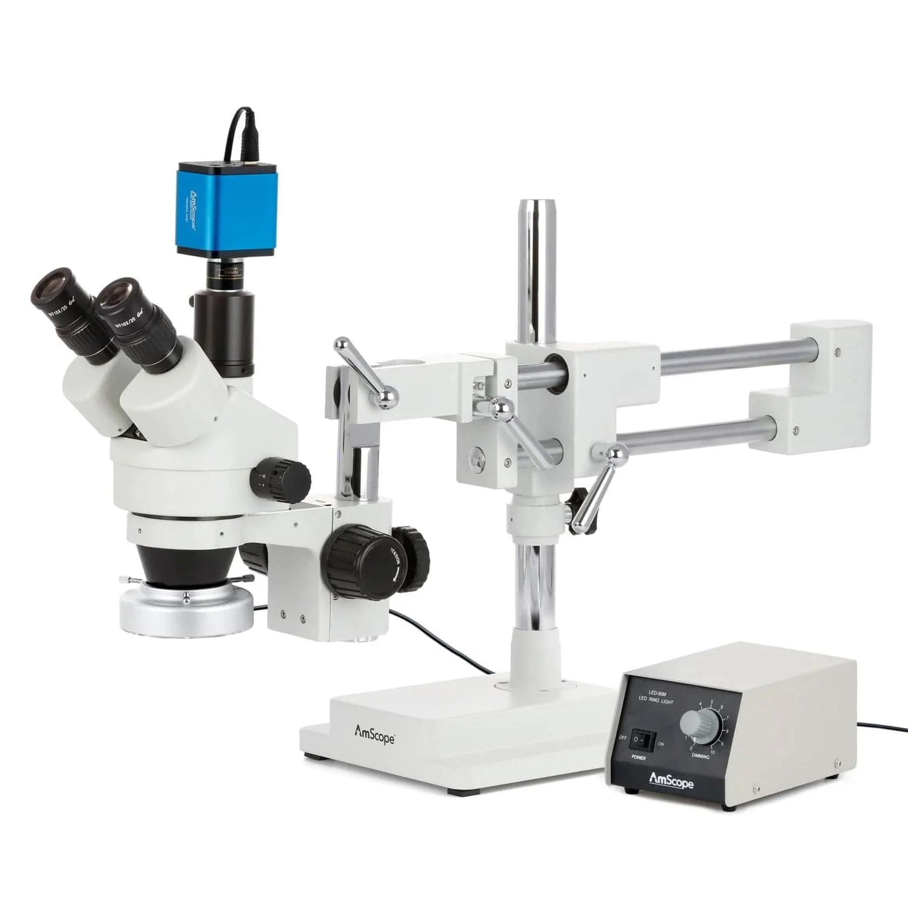 AmScope SM-4 Series Simul-Focal Zoom Trinocular Stereo Microscope with Heavy Duty 80 LED Ring Light and HDMI Camera on Double Arm Boom Stand - Image 3