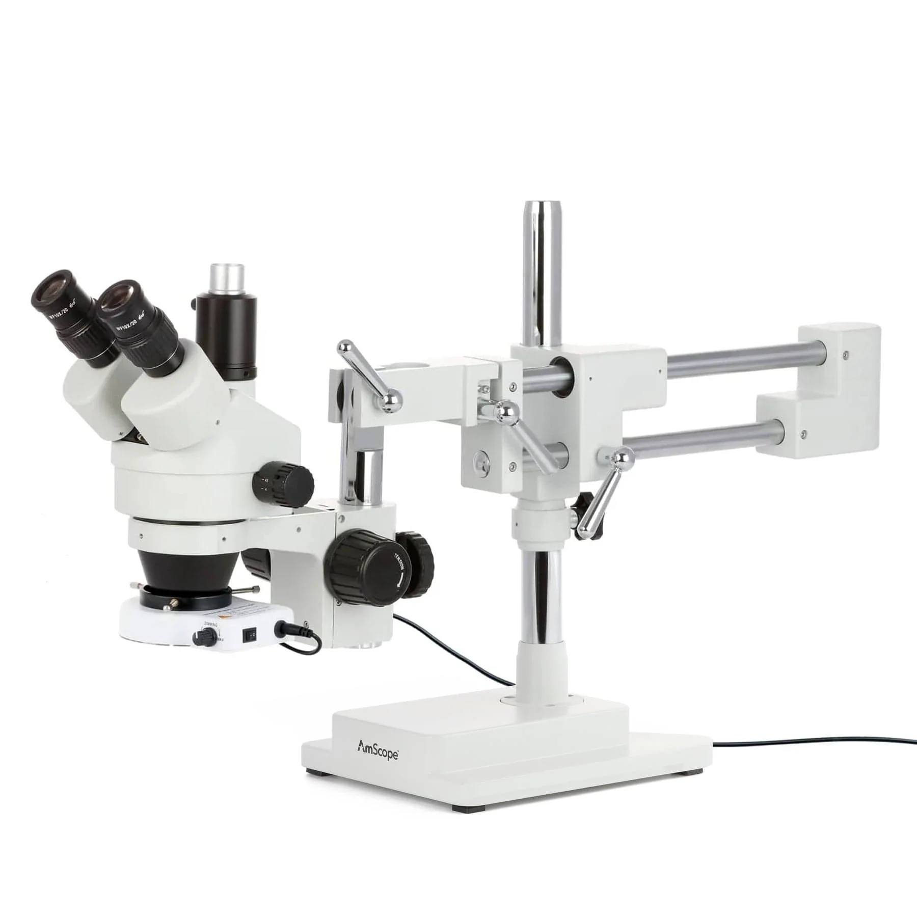 AmScope SM-4 Series Simul-Focal Zoom Trinocular Stereo Microscope with 80 LED Compact Ring Light and Auto Focus Camera on Double Arm Boom Stand