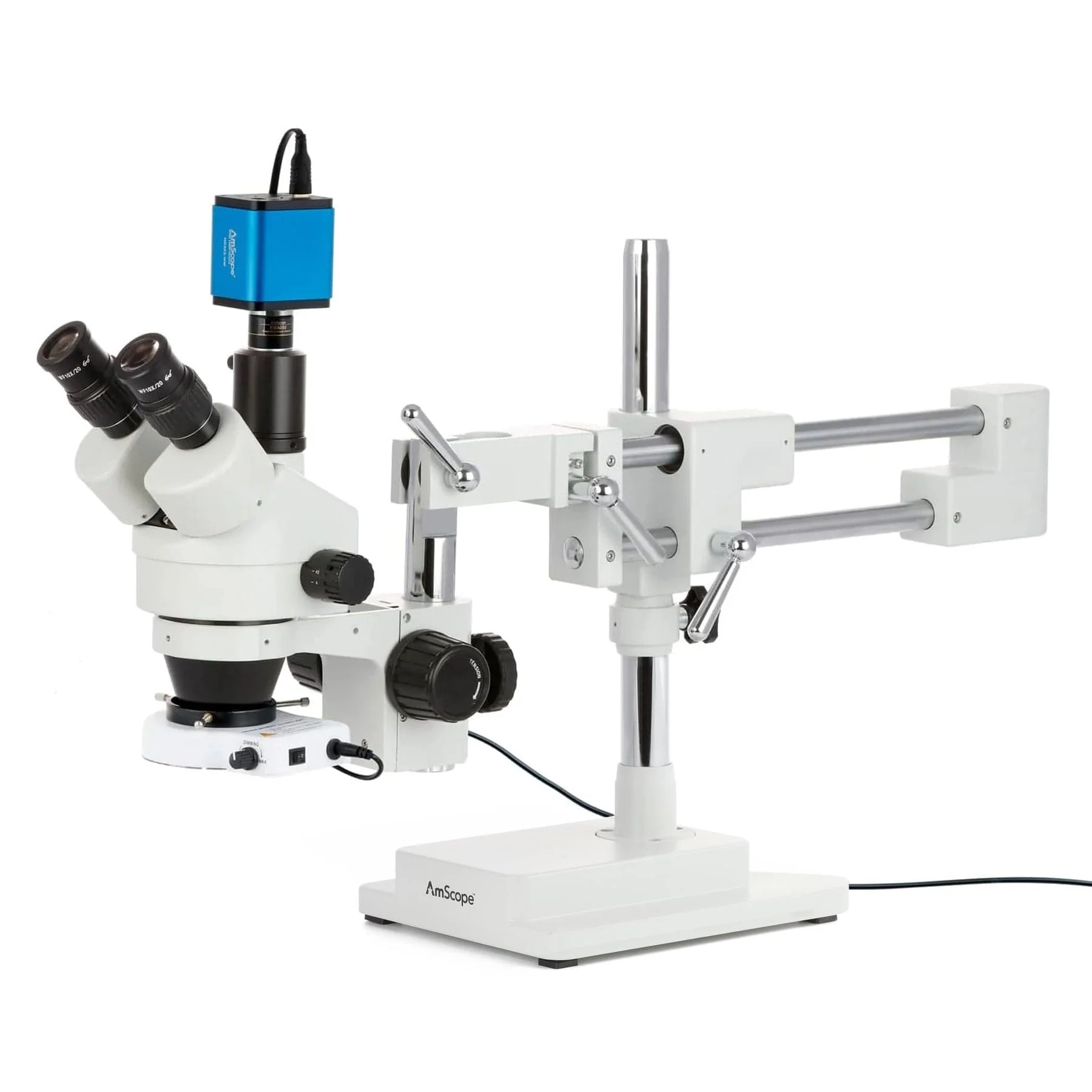 AmScope SM-4 Series Simul-Focal Zoom Trinocular Stereo Microscope with 80 LED Compact Ring Light and HDMI Camera on Double Arm Boom Stand - Image 3