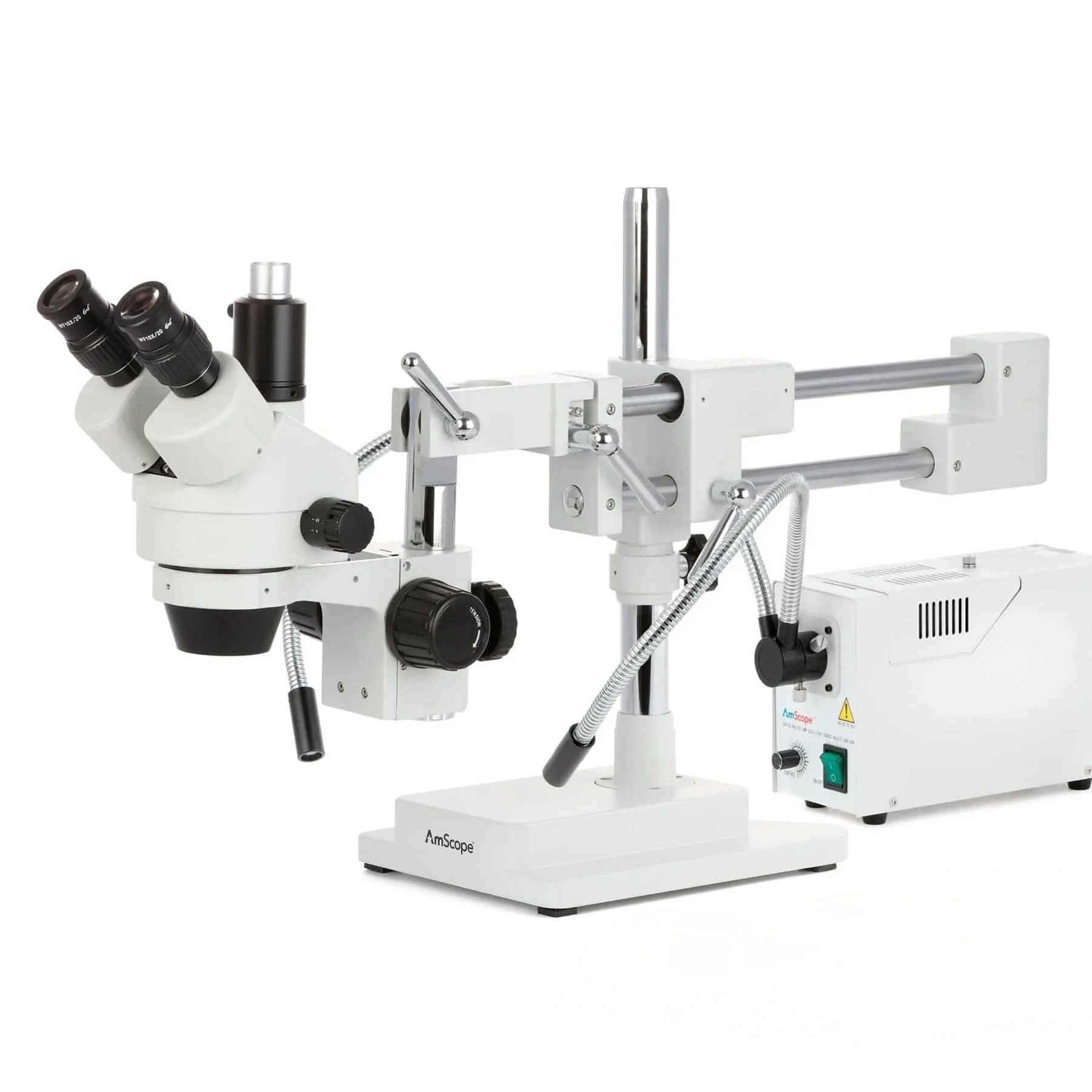 AmScope SM-4 Series Simul-Focal Zoom Trinocular Stereo Microscope with 150W Halogen Dual Fiber Gooseneck Lights and Optional Digital Camera on Double Arm Boom Stand
