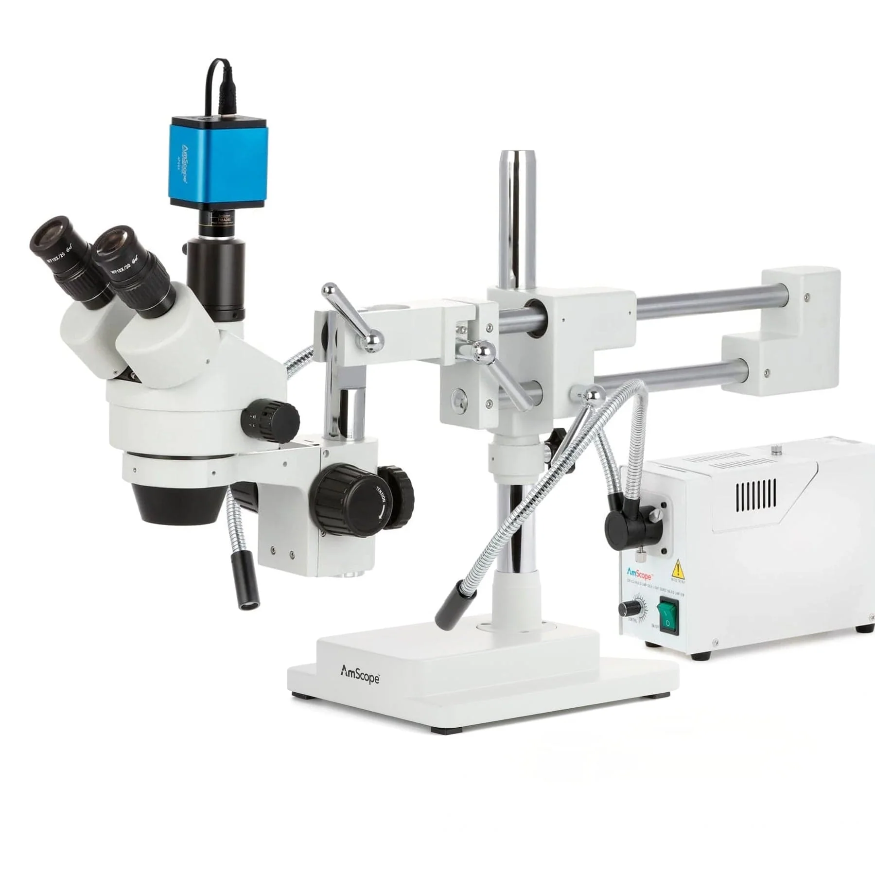 AmScope SM-4 Series Simul-Focal Zoom Trinocular Stereo Microscope with 150W Halogen Dual Fiber Gooseneck Lights and Auto Focus Camera on Double Arm Boom Stand - Image 2