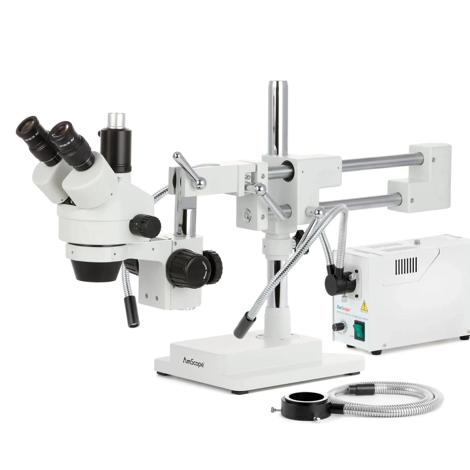 AmScope SM-4 Series Simul-Focal Zoom Trinocular Stereo Microscope with 150W Halogen Dual Gooseneck & Ring Lights and Optional Digital Camera on Double Arm Boom Stand