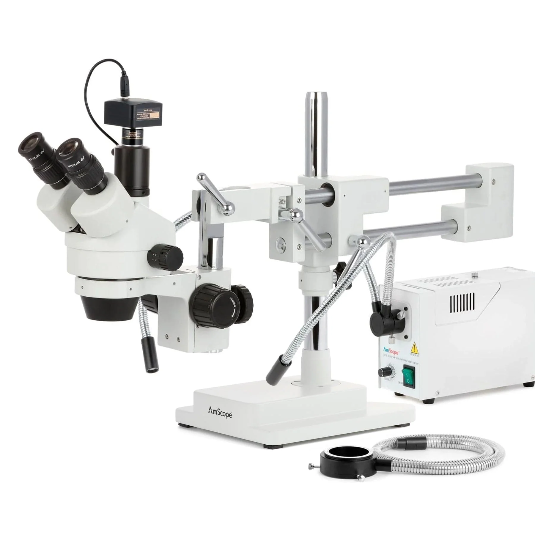 AmScope SM-4 Series Simul-Focal Zoom Trinocular Stereo Microscope with 150W Halogen Dual Gooseneck & Ring Lights and Optional Digital Camera on Double Arm Boom Stand - Image 2