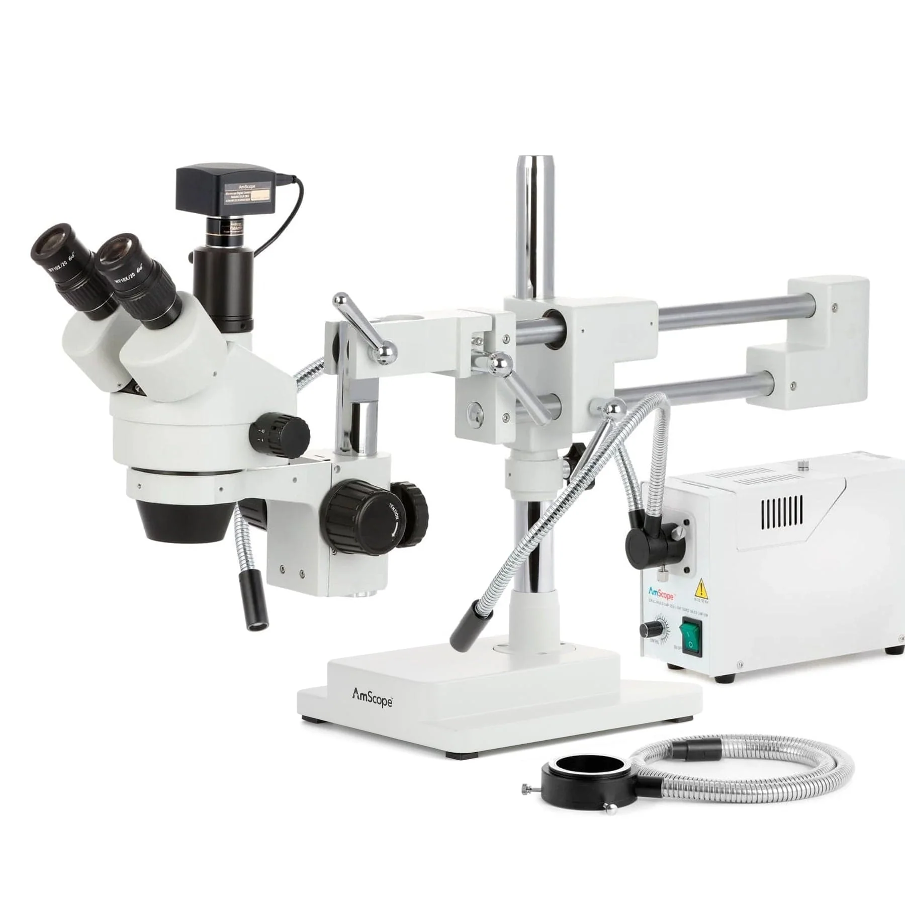 AmScope SM-4 Series Simul-Focal Zoom Trinocular Stereo Microscope with 150W Halogen Dual Gooseneck & Ring Lights and Optional Digital Camera on Double Arm Boom Stand - Image 3