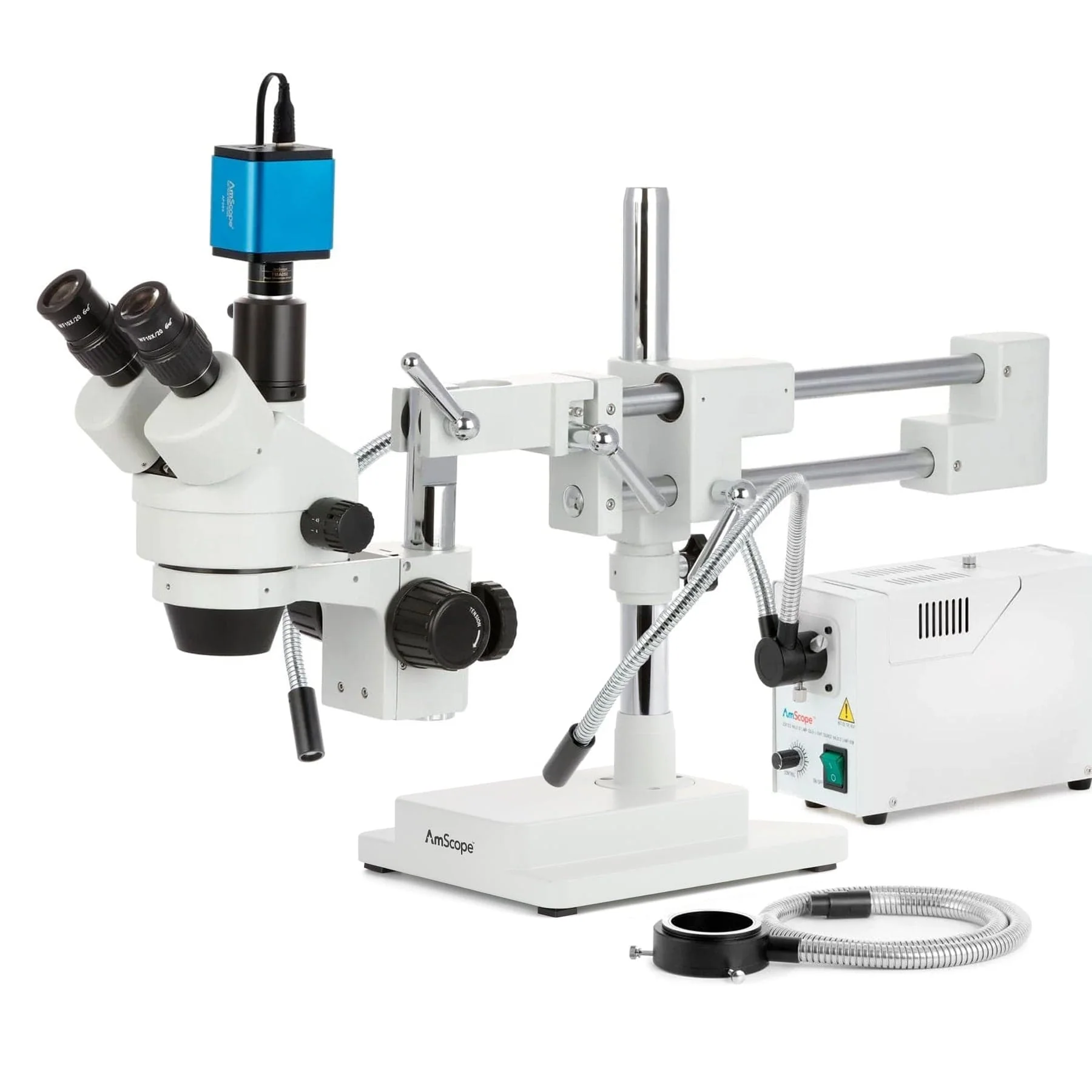 AmScope SM-4 Series Simul-Focal Zoom Trinocular Stereo Microscope with 150W Halogen Dual Gooseneck & Ring Lights and Auto Focus Camera on Double Arm Boom Stand - Image 2