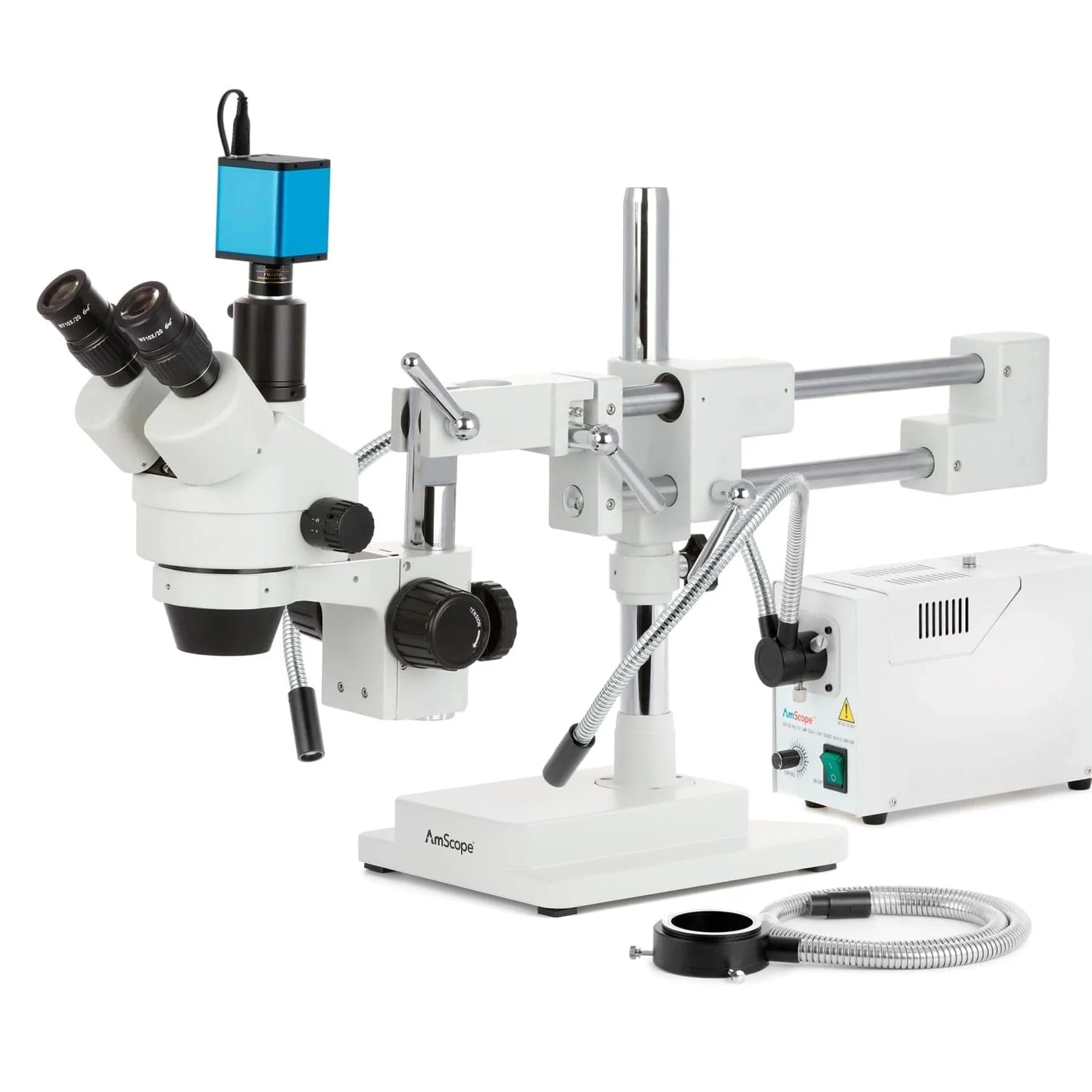 AmScope SM-4 Series Simul-Focal Zoom Trinocular Stereo Microscope with 150W Halogen Dual Gooseneck & Ring Lights and Auto Focus Camera on Double Arm Boom Stand - Image 3