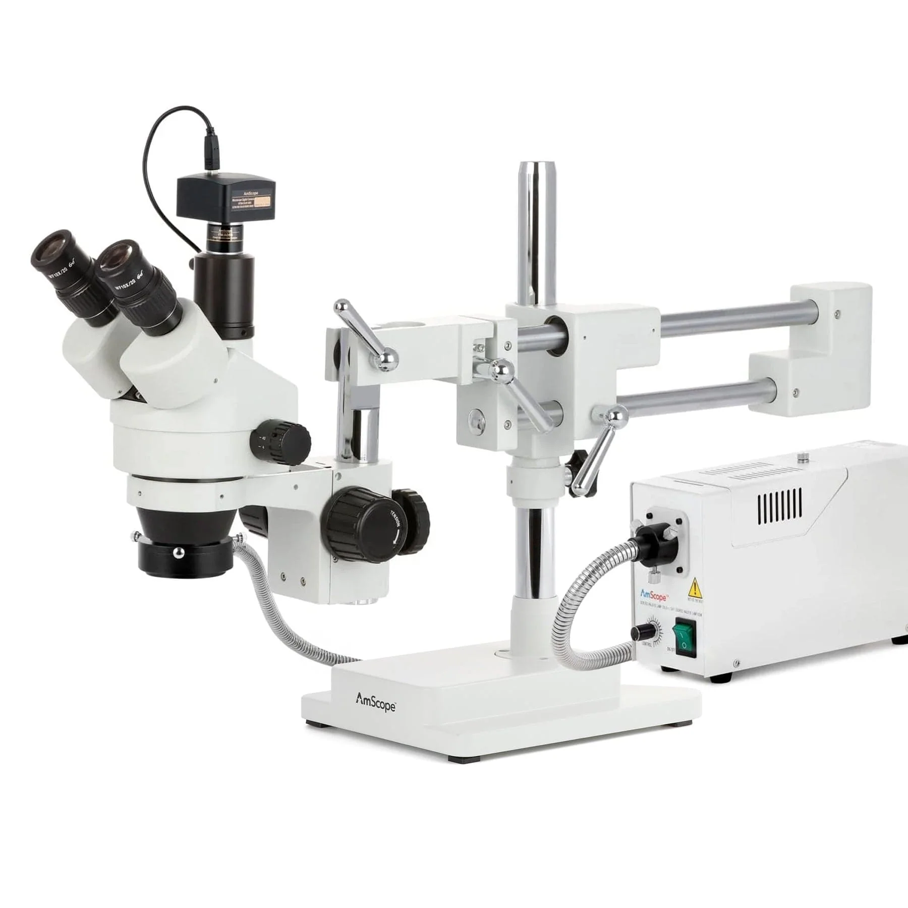 AmScope SM-4 Series Simul-Focal Zoom Trinocular Stereo Microscope with 150W Halogen Ring Light and Optional Digital Camera on Double Arm Boom Stand - Image 3