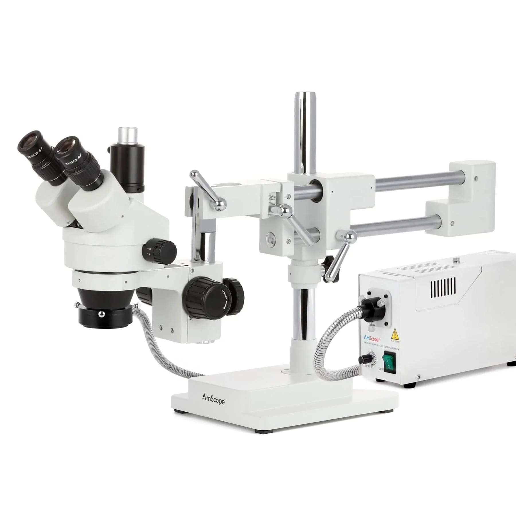 AmScope SM-4 Series Simul-Focal Zoom Trinocular Stereo Microscope with 150W Halogen Ring Light and Auto Focus Camera on Double Arm Boom Stand