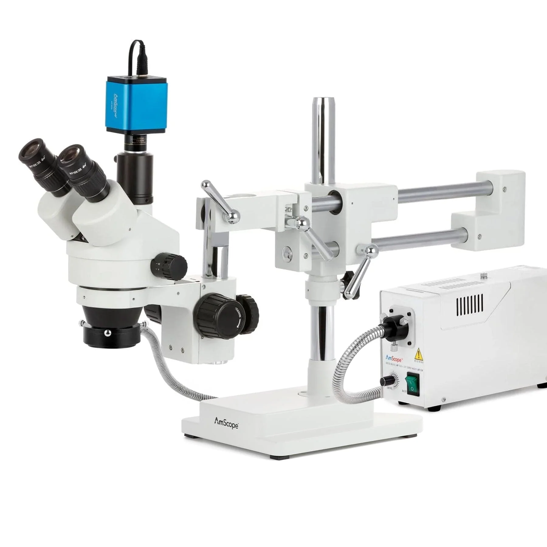 AmScope SM-4 Series Simul-Focal Zoom Trinocular Stereo Microscope with 150W Halogen Ring Light and Auto Focus Camera on Double Arm Boom Stand - Image 2