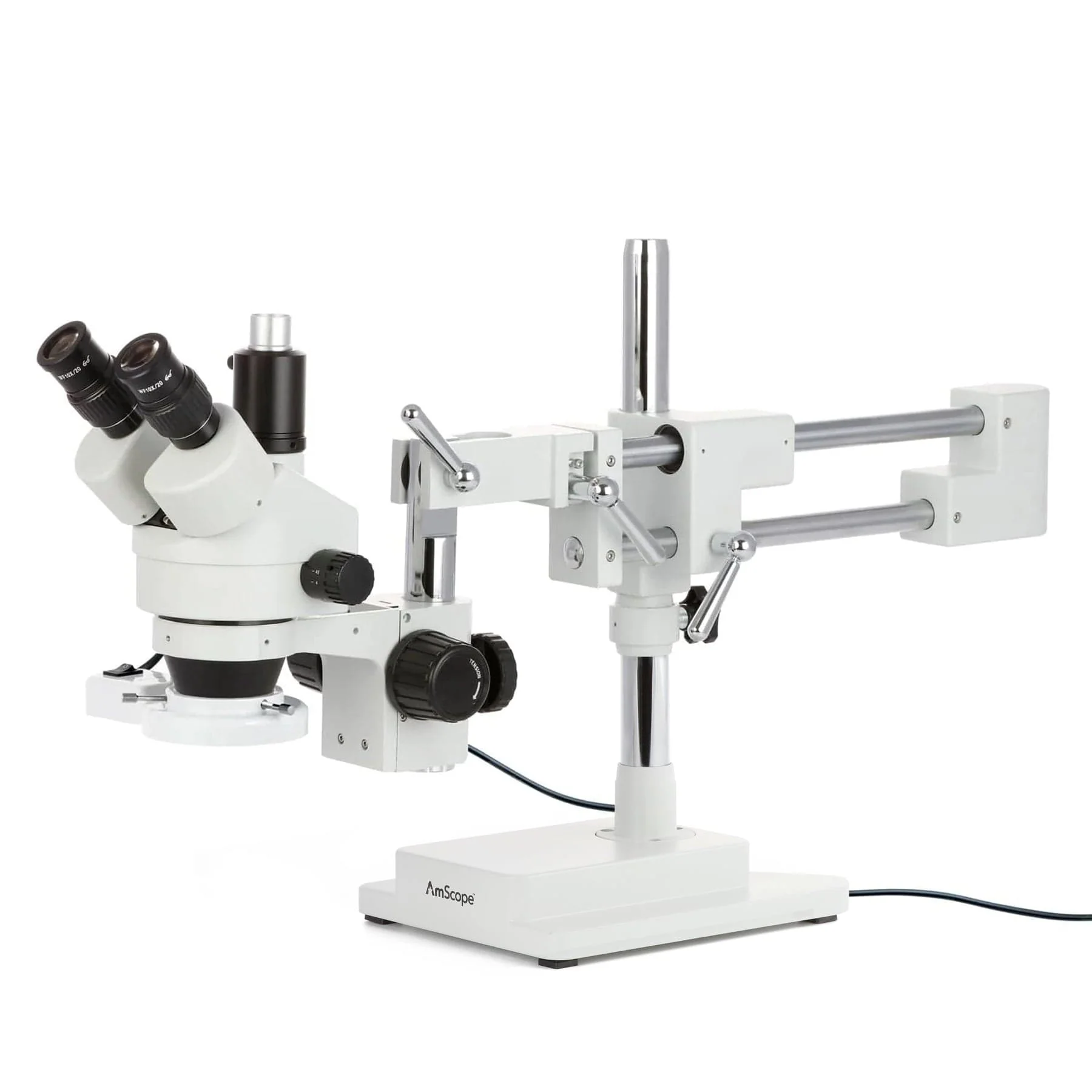AmScope SM-4 Series Simul-Focal Zoom Trinocular Stereo Microscope with 8W Fluorescent Ring Light and Optional Digital Camera on Double Arm Boom Stand