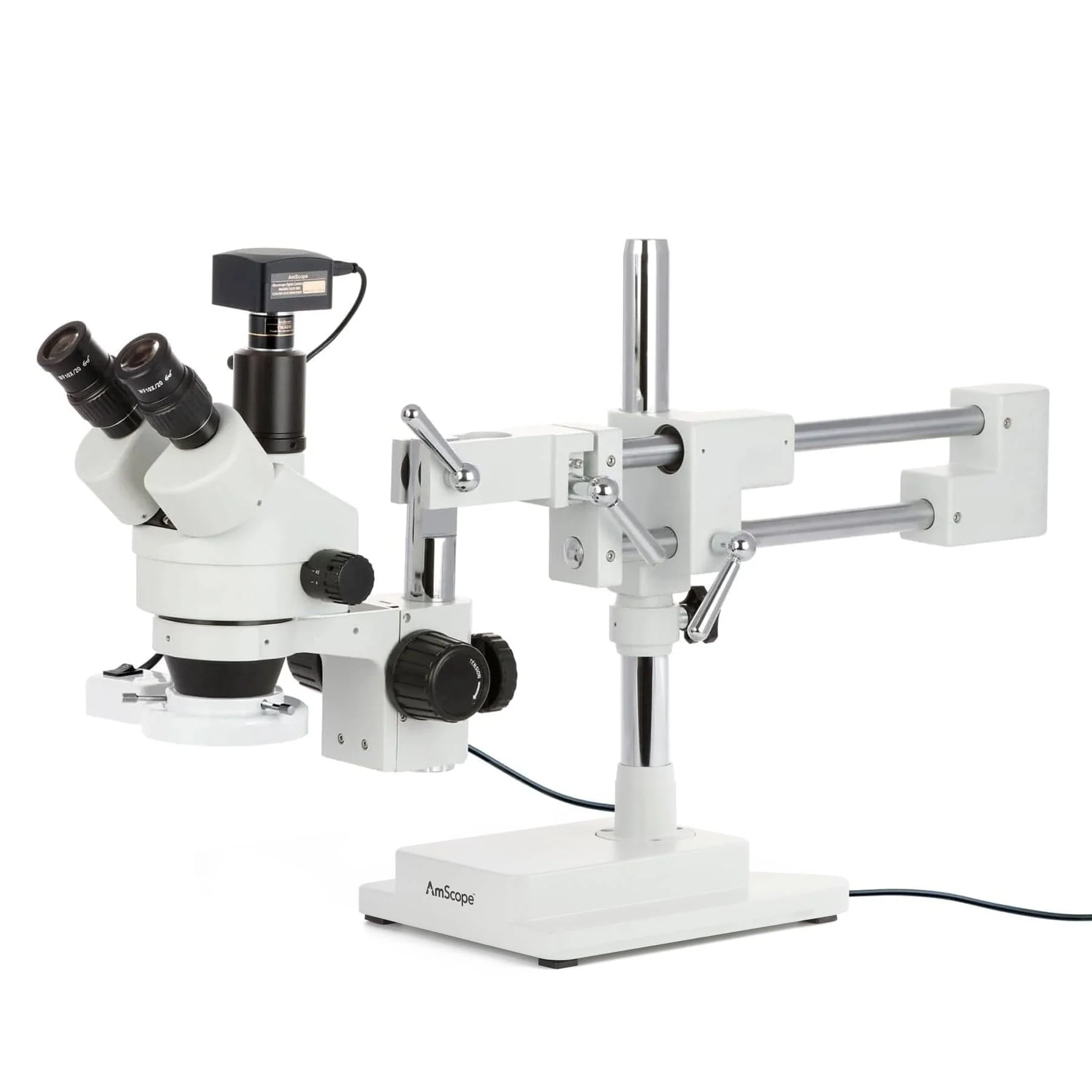 AmScope SM-4 Series Simul-Focal Zoom Trinocular Stereo Microscope with 8W Fluorescent Ring Light and Optional Digital Camera on Double Arm Boom Stand - Image 2