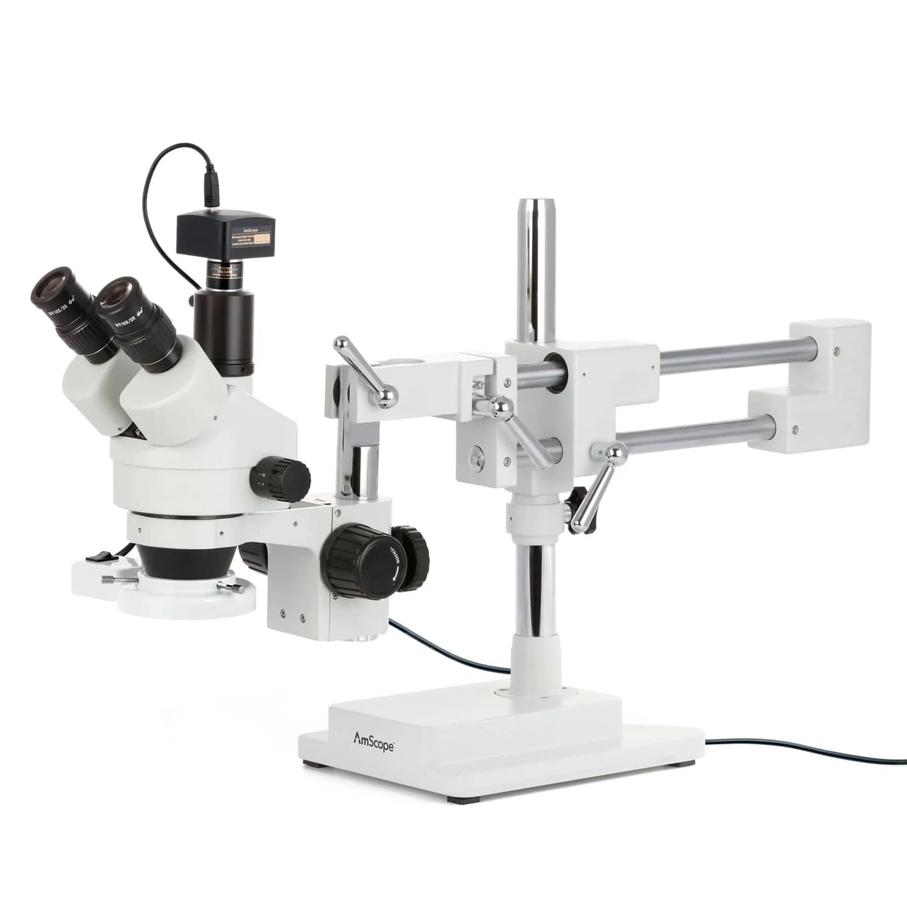 AmScope SM-4 Series Simul-Focal Zoom Trinocular Stereo Microscope with 8W Fluorescent Ring Light and Optional Digital Camera on Double Arm Boom Stand - Image 3