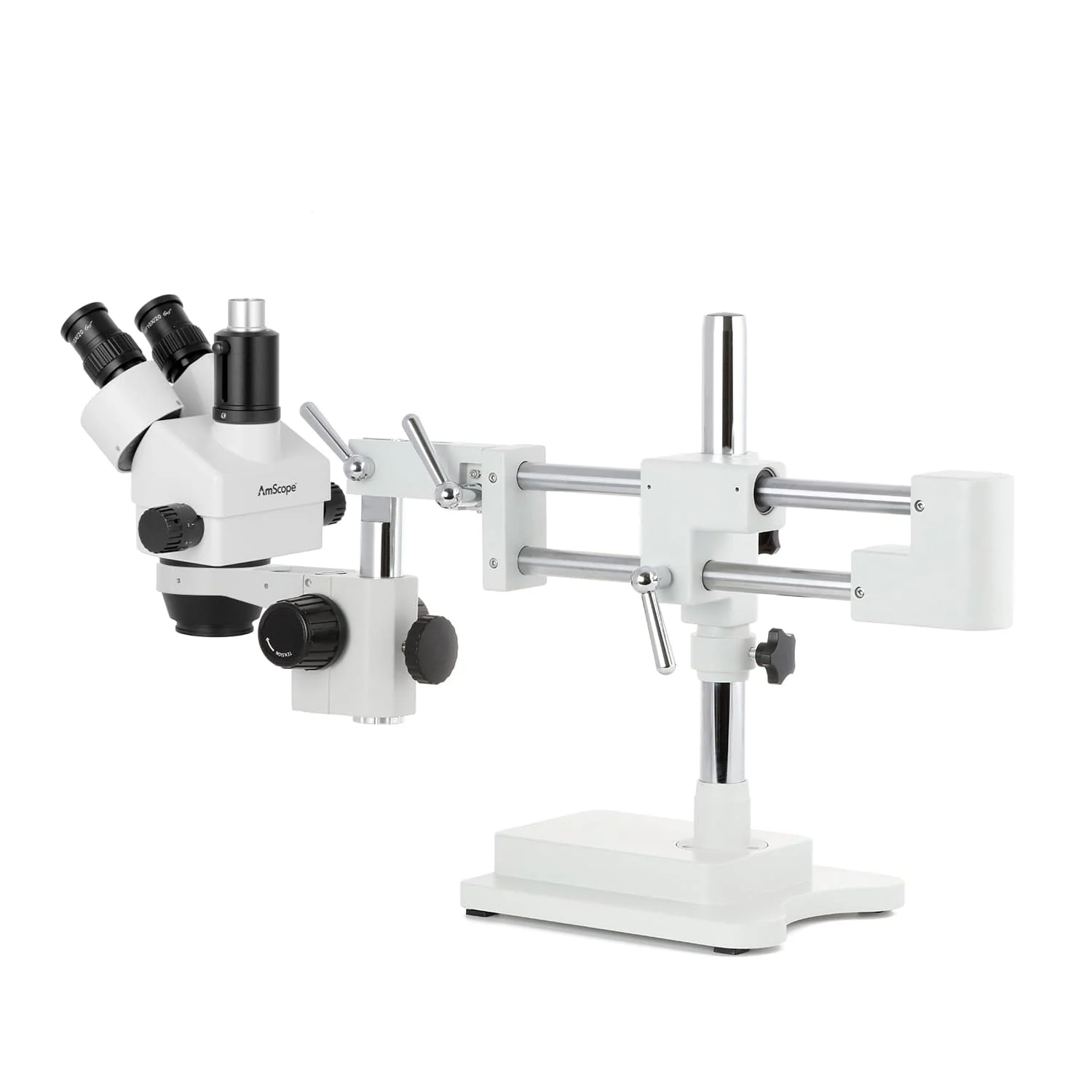 AmScope SM-4 Series Simul-Focal Zoom Trinocular Stereo Microscope with 8W Fluorescent Ring Light and Optional Digital Camera on Double Arm Boom Stand - Image 8