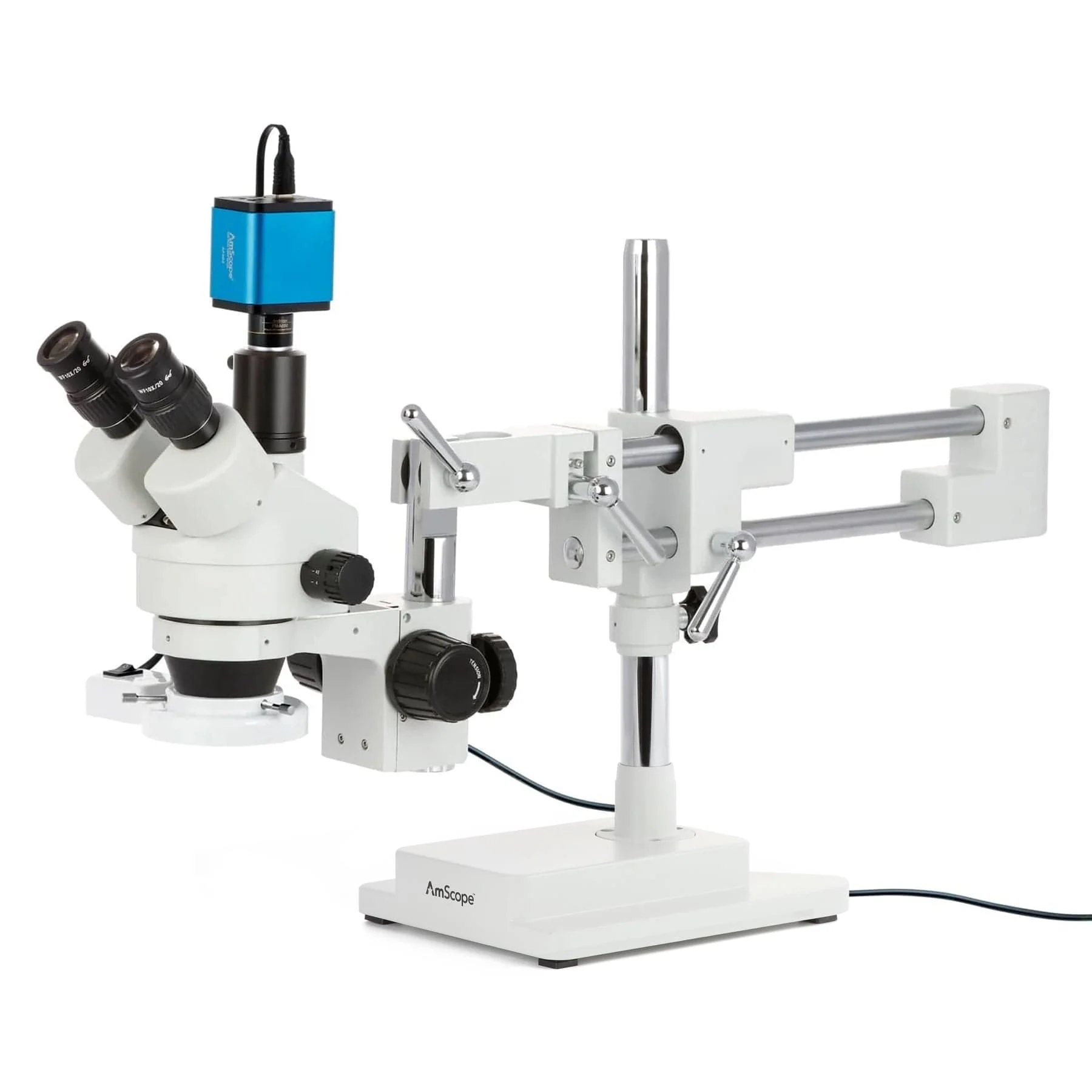 AmScope SM-4 Series Simul-Focal Zoom Trinocular Stereo Microscope with 8W Fluorescent Ring Light and Auto Focus Camera on Double Arm Boom Stand - Image 2