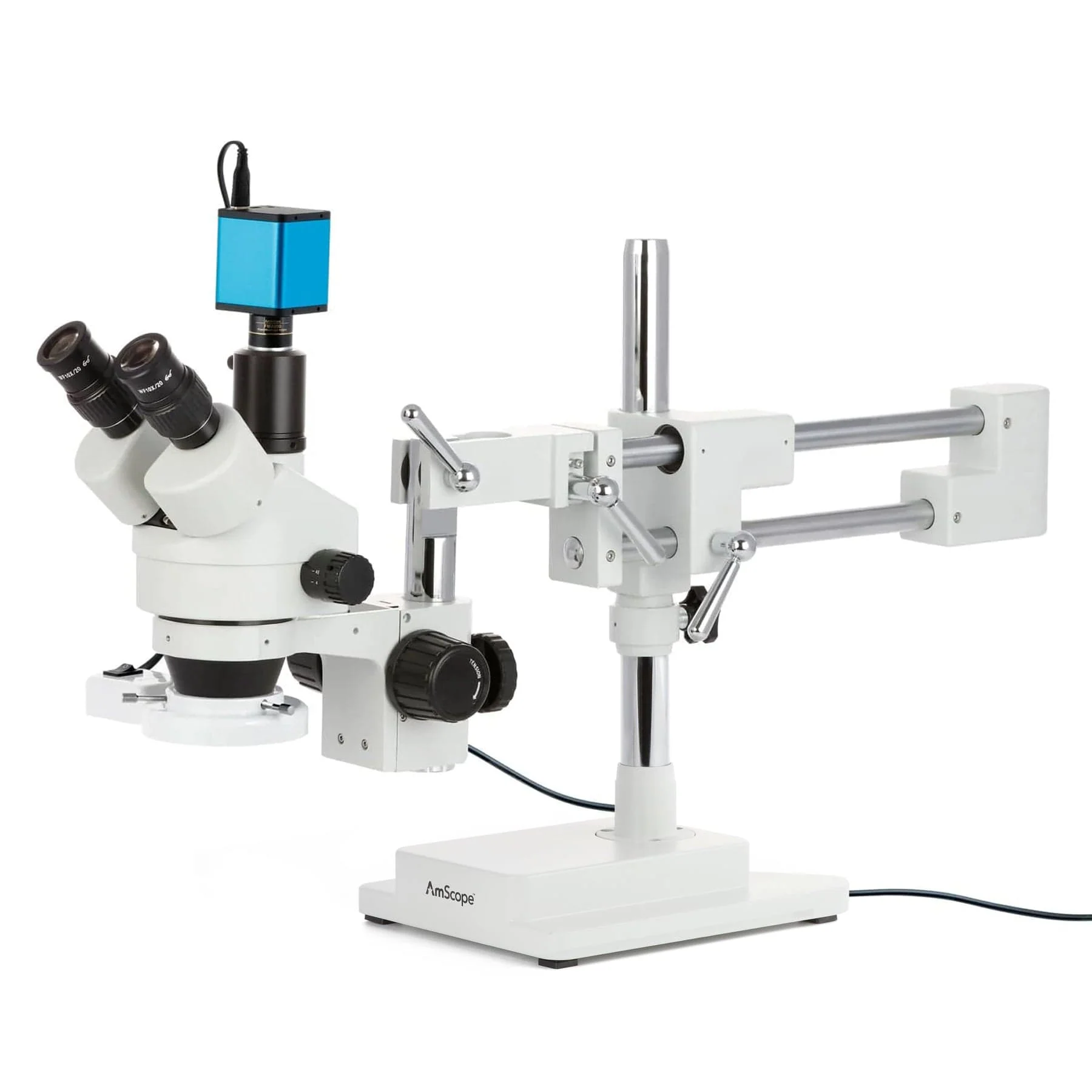 AmScope SM-4 Series Simul-Focal Zoom Trinocular Stereo Microscope with 8W Fluorescent Ring Light and Auto Focus Camera on Double Arm Boom Stand - Image 3