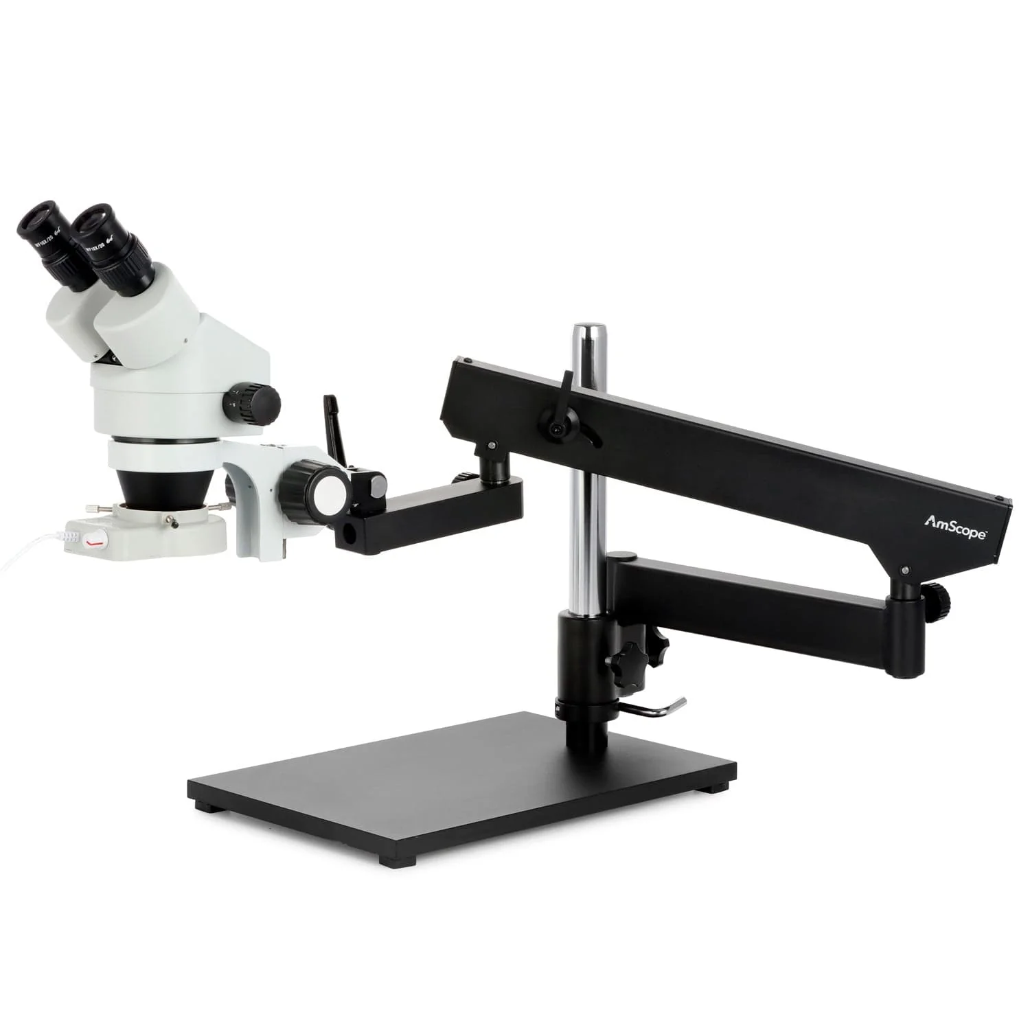 AmScope SM-7 Series Binocular Zoom Microscope 3.5X-90X Magnification on Articulating Stand with Base Plate and 70-LED Ring Light