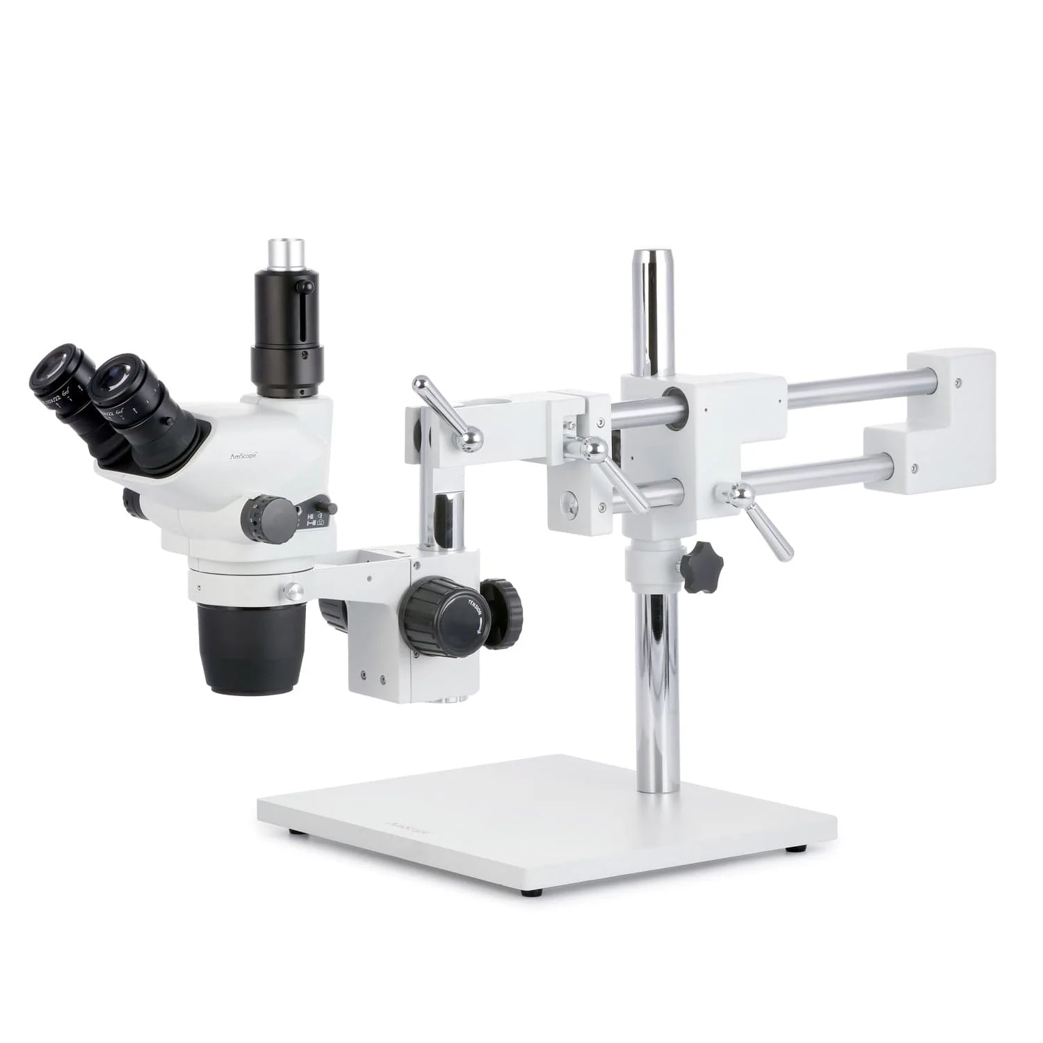 AmScope SZN-4 Series Zoom Trinocular Stereo Microscope 2X-225X on Boom Stand with Shutter Pin, Magnification Lock, & Click Stop Adjustment + Optional USB Camera