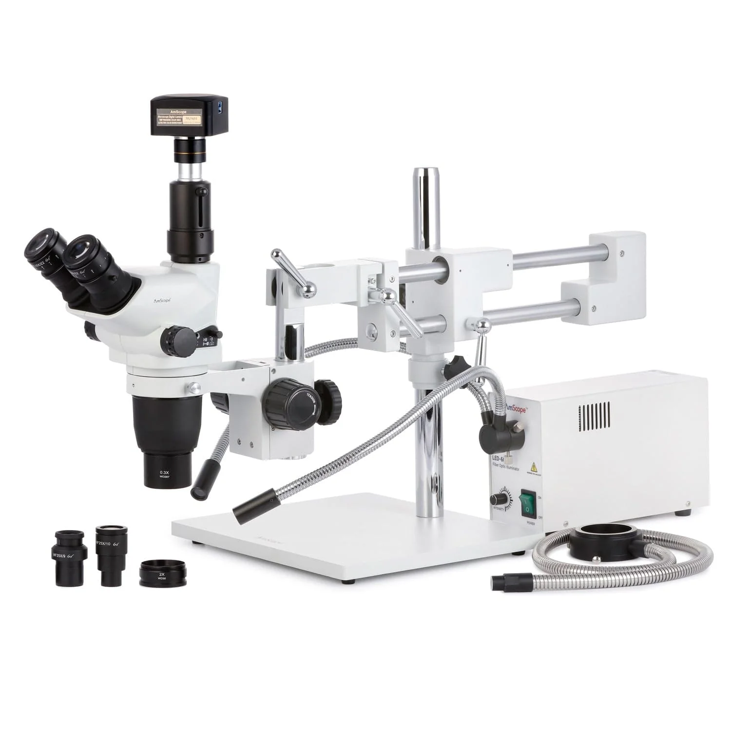 AmScope SZN-4 Series Zoom Trinocular Stereo Microscope 2X-225X on Boom Stand with Shutter Pin, Magnification Lock, & Click Stop Adjustment + Optional USB Camera - Image 10