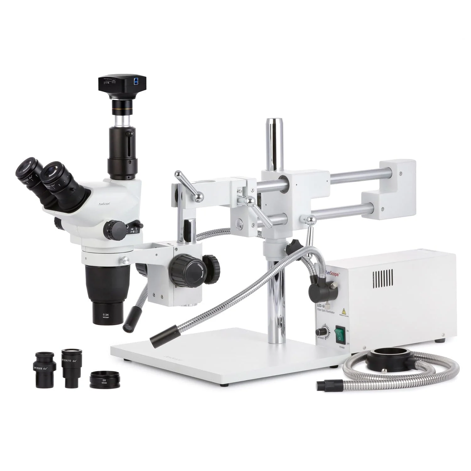 AmScope SZN-4 Series Zoom Trinocular Stereo Microscope 2X-225X on Boom Stand with Shutter Pin, Magnification Lock, & Click Stop Adjustment + Optional USB Camera - Image 11