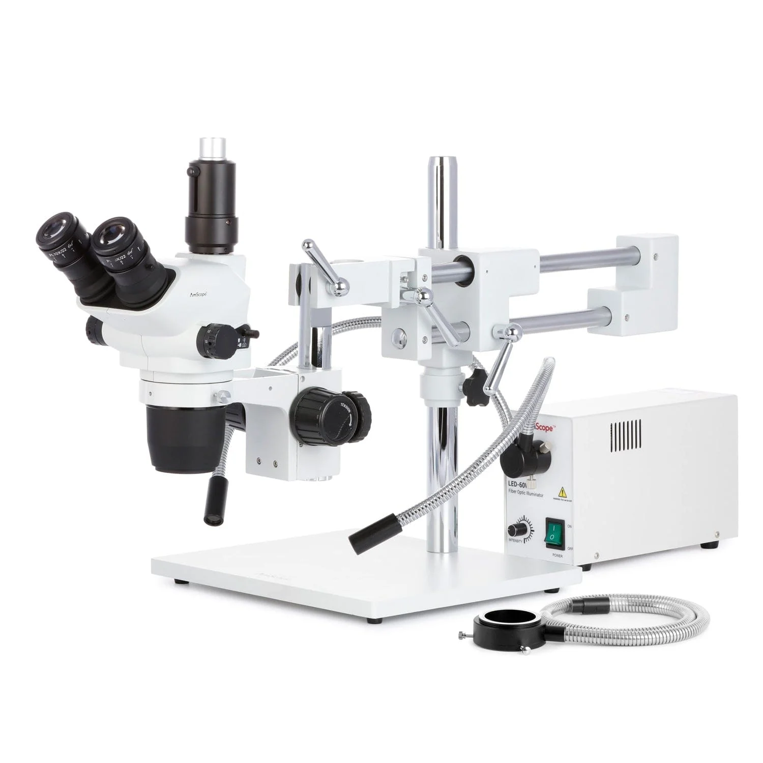 AmScope SZN-4 Series Zoom Trinocular Stereo Microscope 2X-225X on Boom Stand with Shutter Pin, Magnification Lock, & Click Stop Adjustment + Optional USB Camera - Image 12