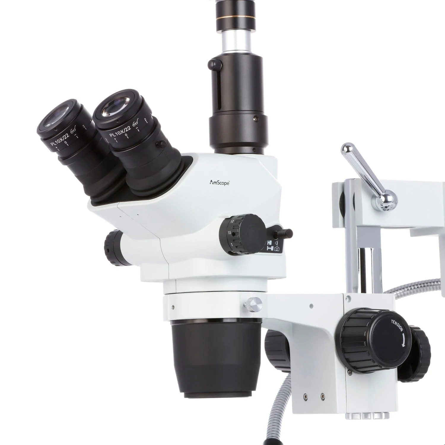 AmScope SZN-4 Series Zoom Trinocular Stereo Microscope 2X-225X on Boom Stand with Shutter Pin, Magnification Lock, & Click Stop Adjustment + Optional USB Camera - Image 14