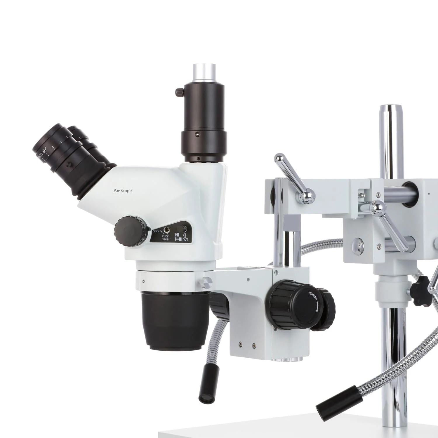 AmScope SZN-4 Series Zoom Trinocular Stereo Microscope 2X-225X on Boom Stand with Shutter Pin, Magnification Lock, & Click Stop Adjustment + Optional USB Camera - Image 15