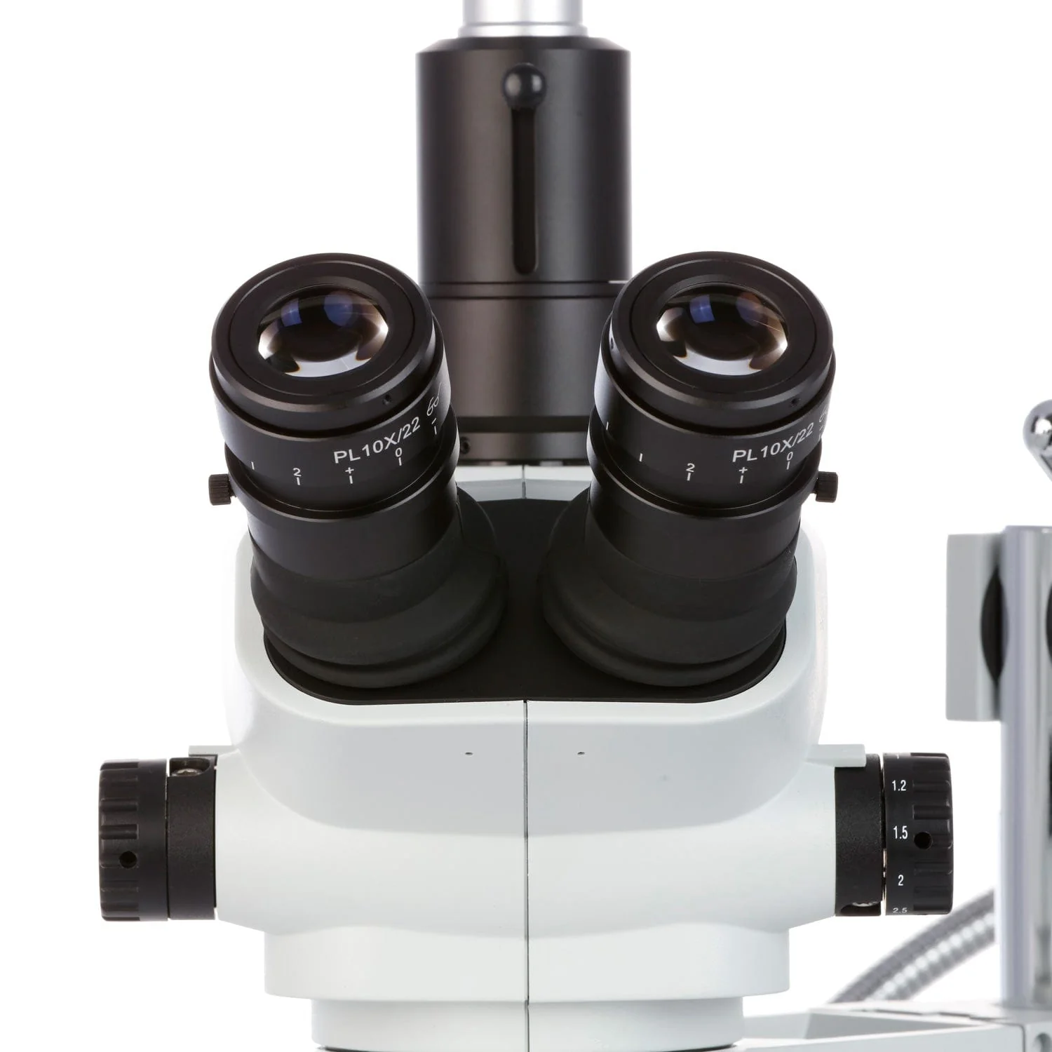 AmScope SZN-4 Series Zoom Trinocular Stereo Microscope 2X-225X on Boom Stand with Shutter Pin, Magnification Lock, & Click Stop Adjustment + Optional USB Camera - Image 16
