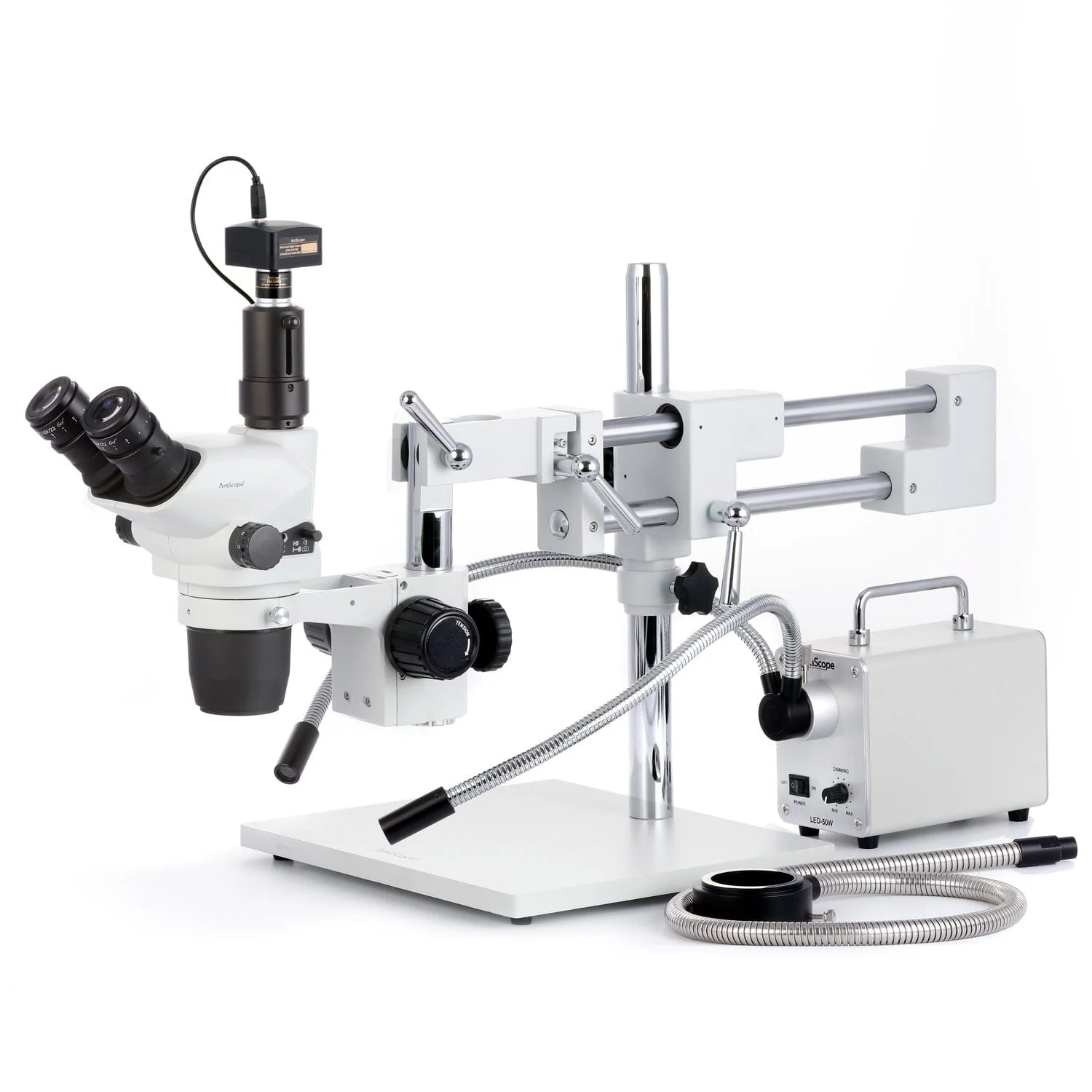 AmScope SZN-4 Series Zoom Trinocular Stereo Microscope 2X-225X on Boom Stand with Shutter Pin, Magnification Lock, & Click Stop Adjustment + Optional USB Camera - Image 17