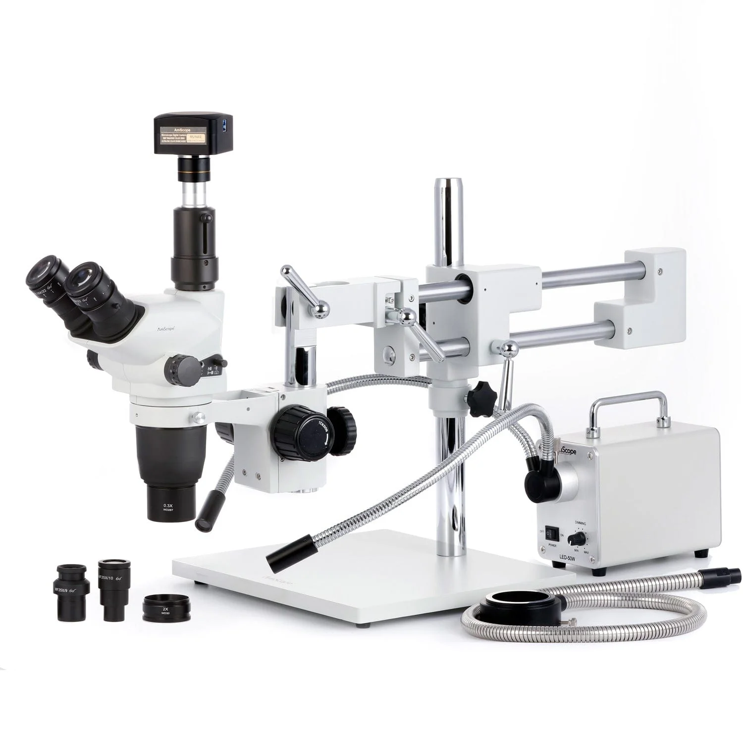 AmScope SZN-4 Series Zoom Trinocular Stereo Microscope 2X-225X on Boom Stand with Shutter Pin, Magnification Lock, & Click Stop Adjustment + Optional USB Camera - Image 18