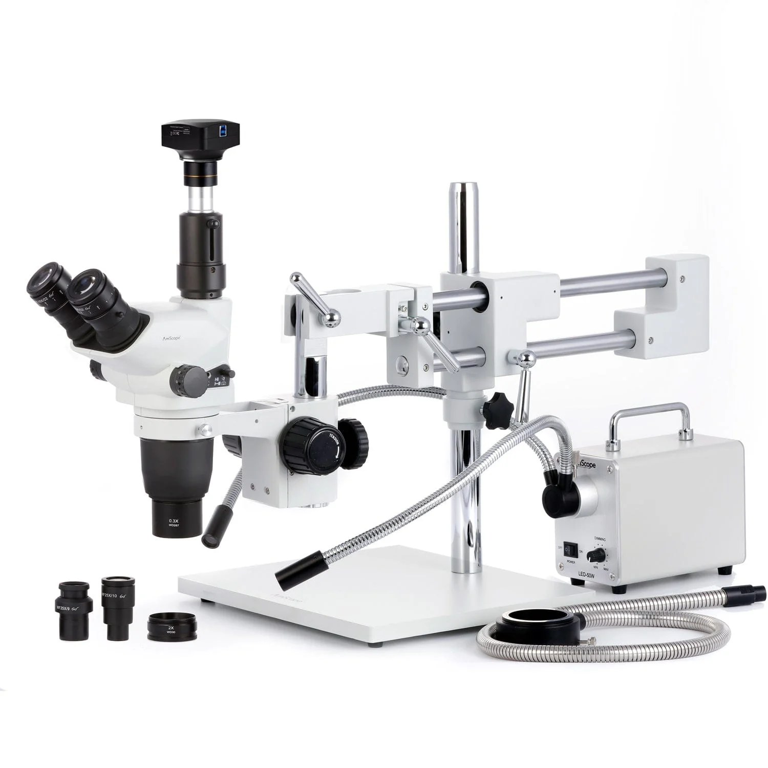 AmScope SZN-4 Series Zoom Trinocular Stereo Microscope 2X-225X on Boom Stand with Shutter Pin, Magnification Lock, & Click Stop Adjustment + Optional USB Camera - Image 19