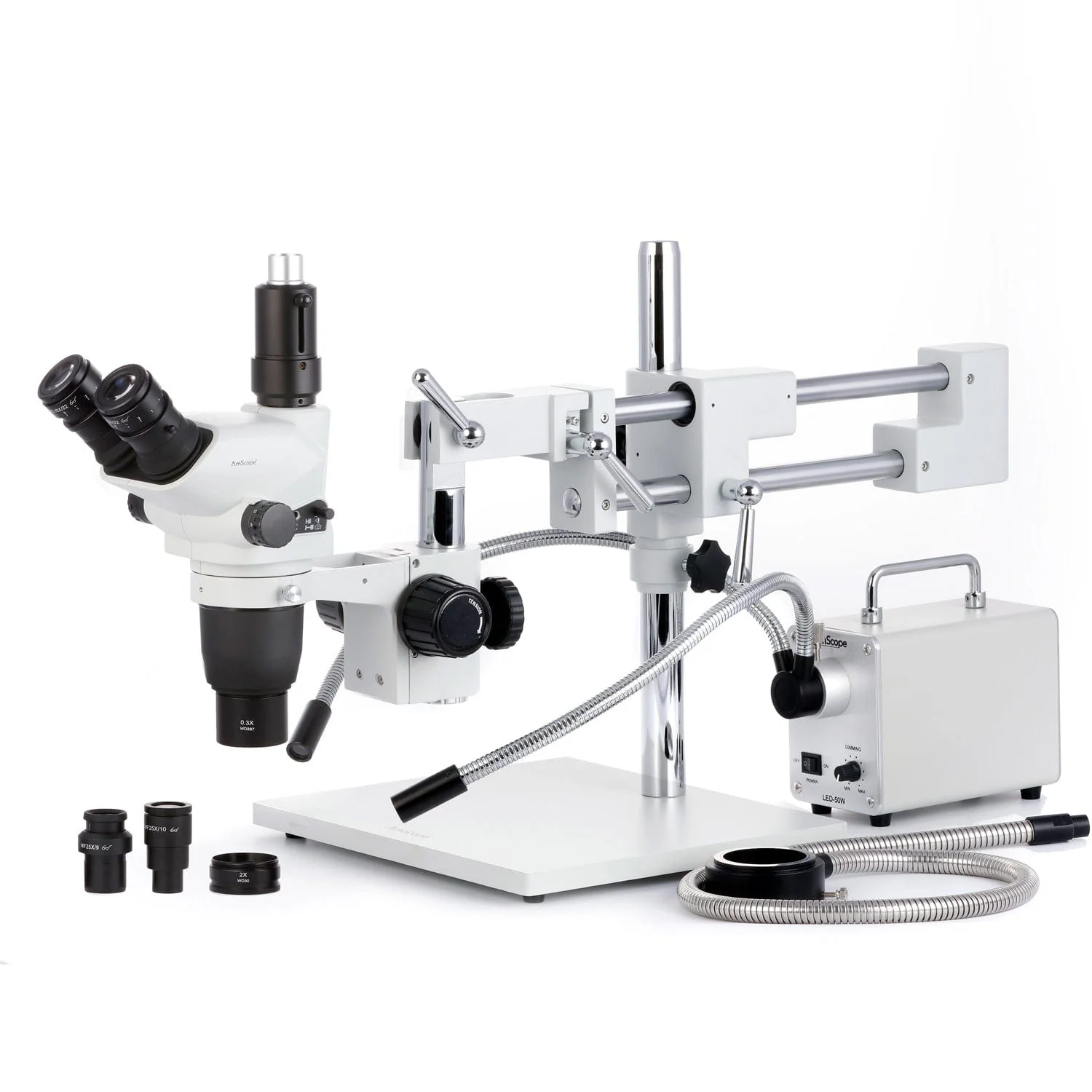 AmScope SZN-4 Series Zoom Trinocular Stereo Microscope 2X-225X on Boom Stand with Shutter Pin, Magnification Lock, & Click Stop Adjustment + Optional USB Camera - Image 20