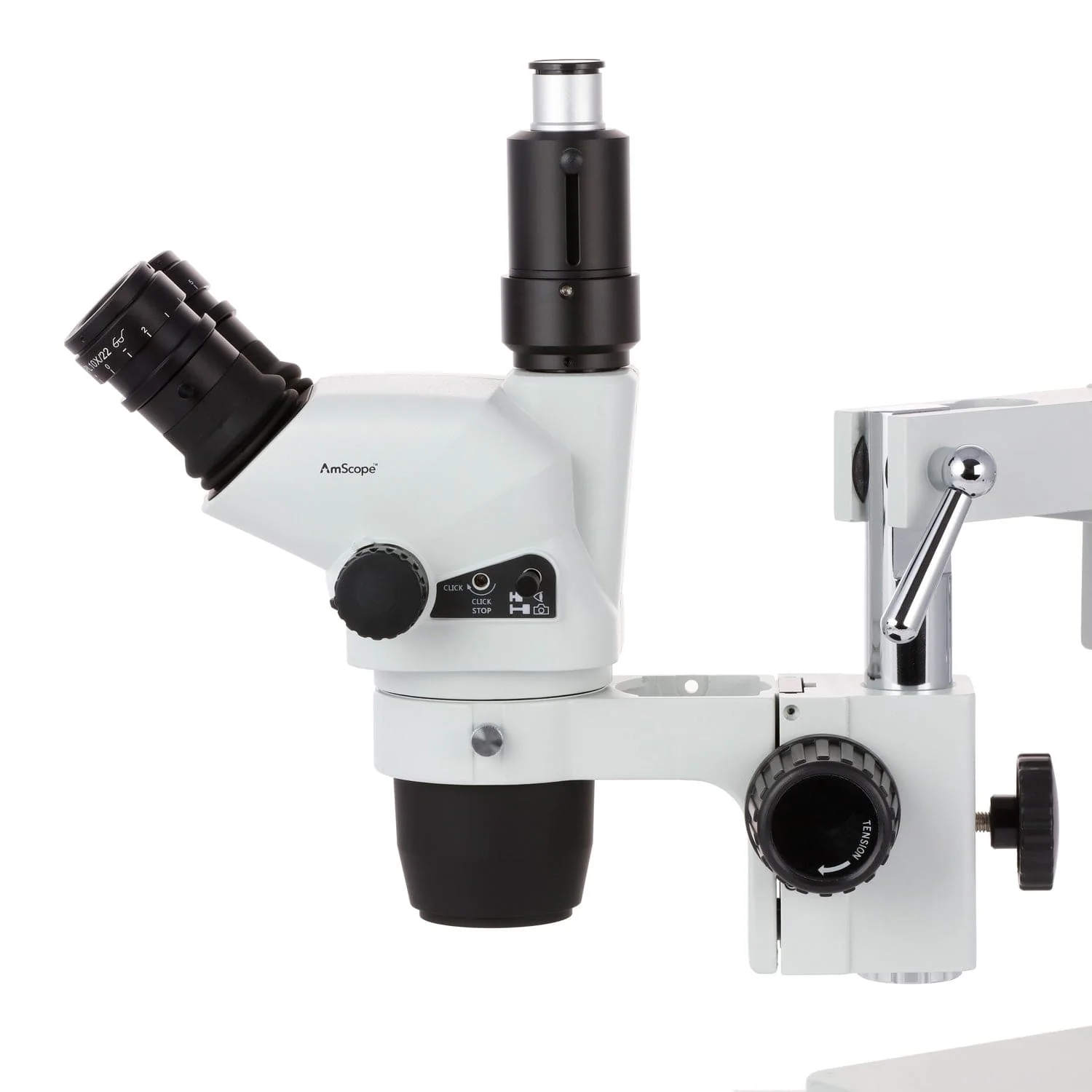 AmScope SZN-4 Series Zoom Trinocular Stereo Microscope 2X-225X on Boom Stand with Shutter Pin, Magnification Lock, & Click Stop Adjustment + Optional USB Camera - Image 6
